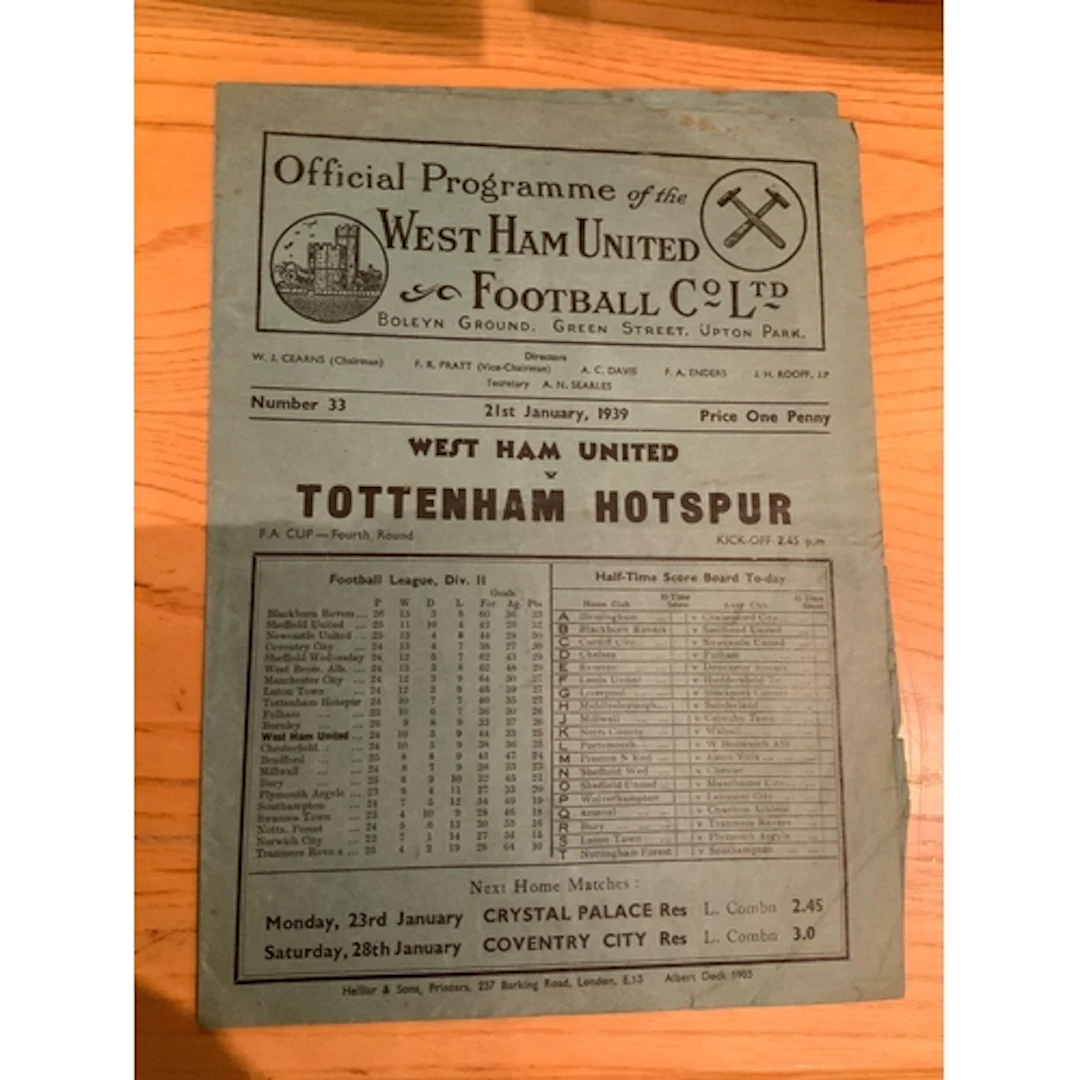 38/39 West Ham v Tottenham FA Cup Football Programme: Good c...