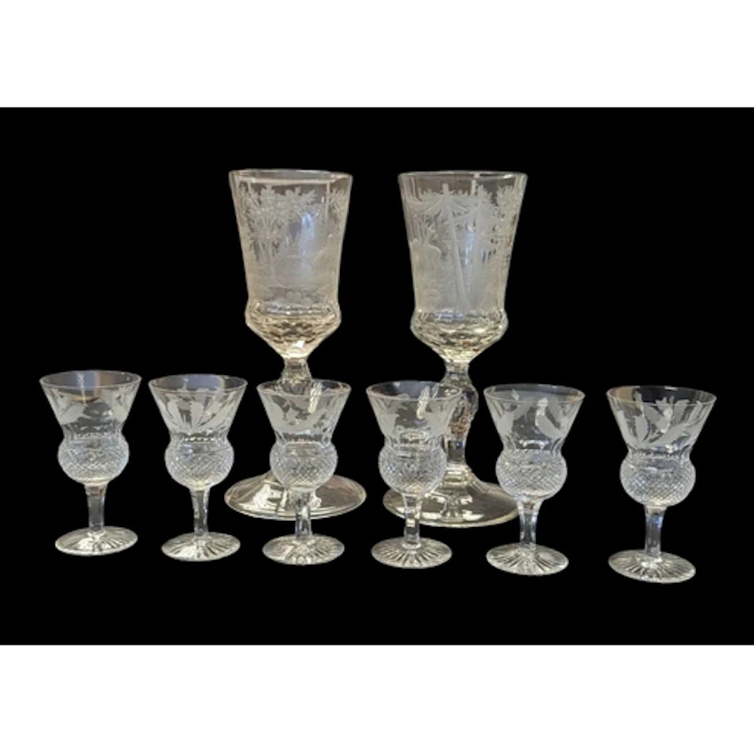 A pair of large 20th century etched glass goblets featuring ...