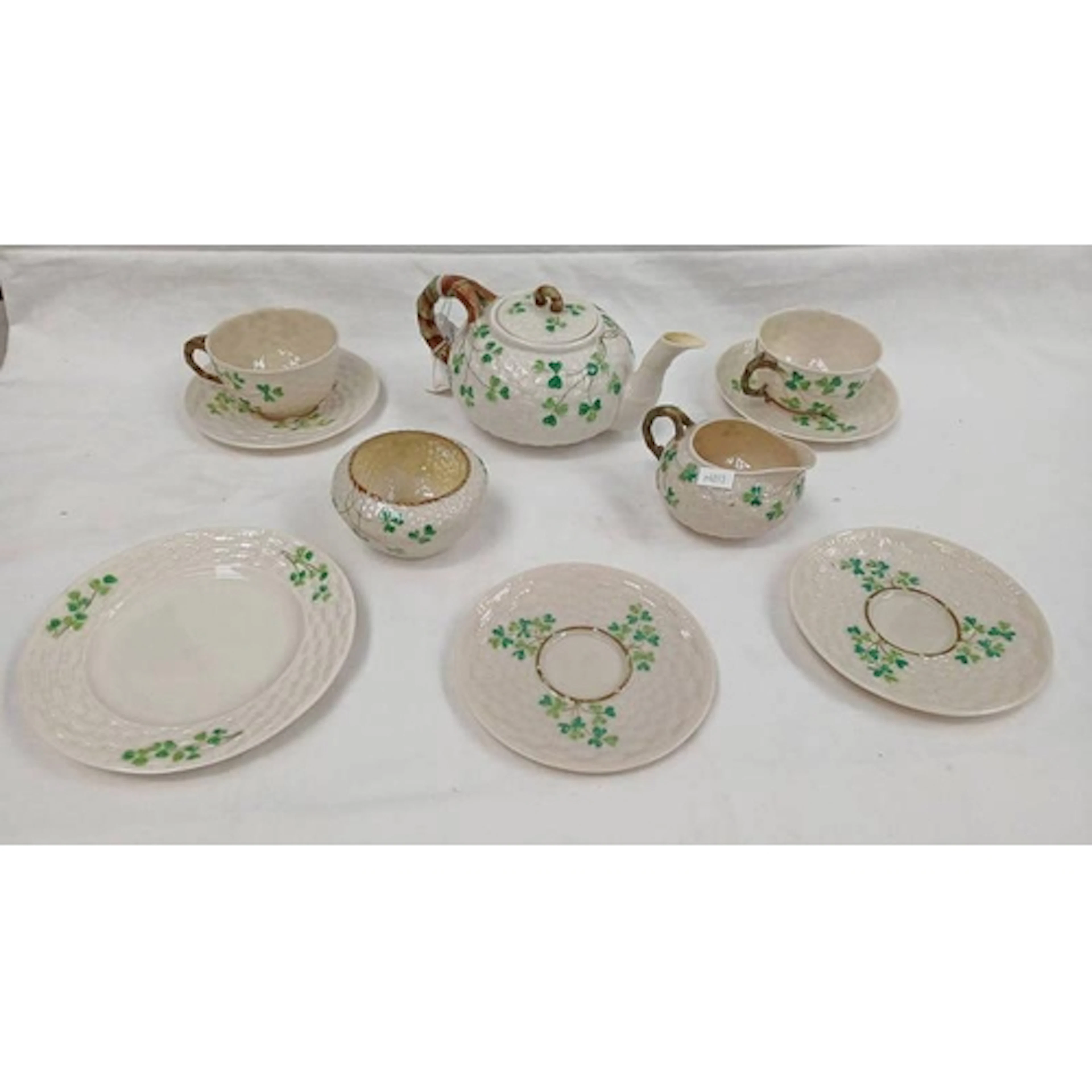BELLEEK PORCELAIN BREAKFAST SET DECORATED WITH SHAMROCKS WIT...