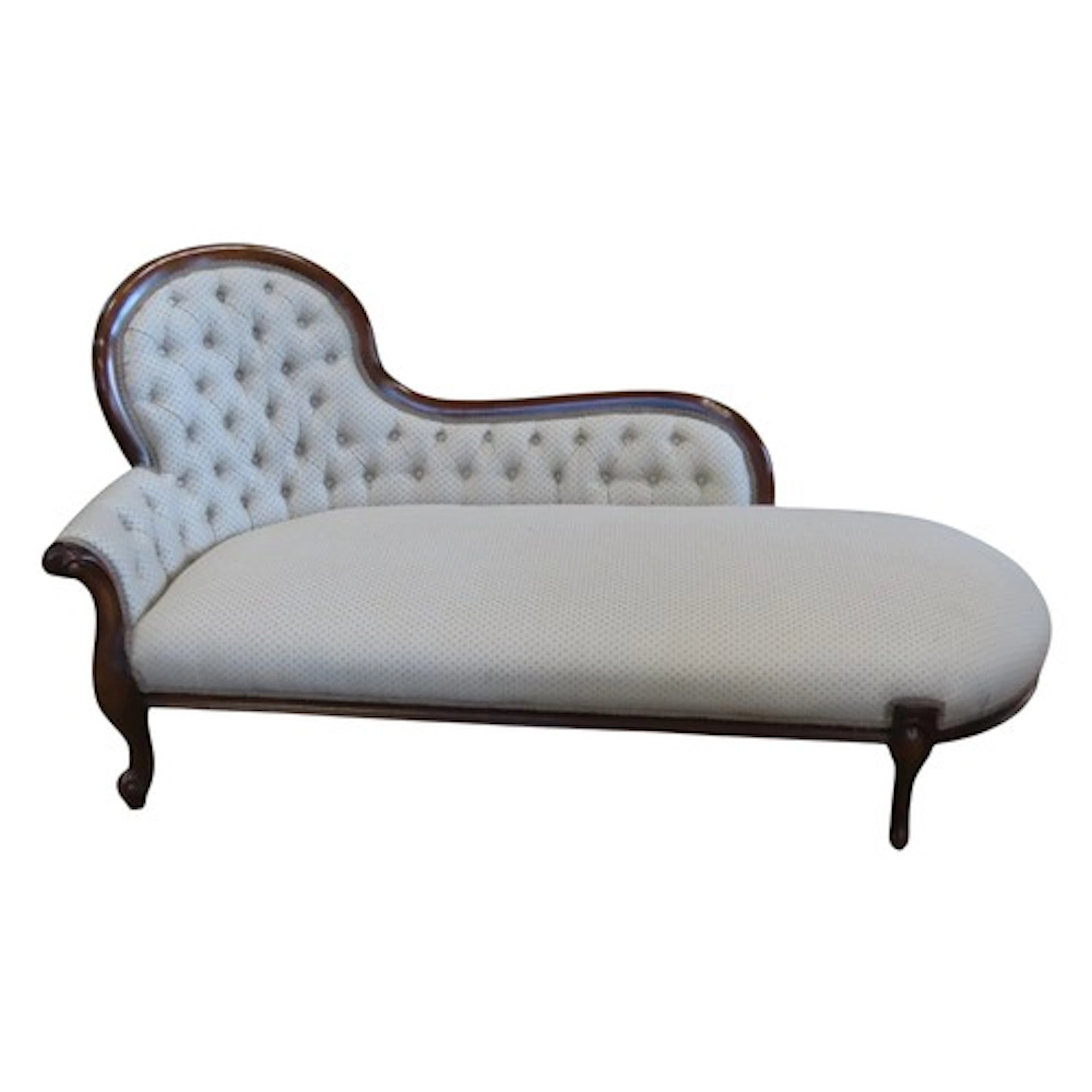 A reproduction chaise lounge with upholstered seat and butto...