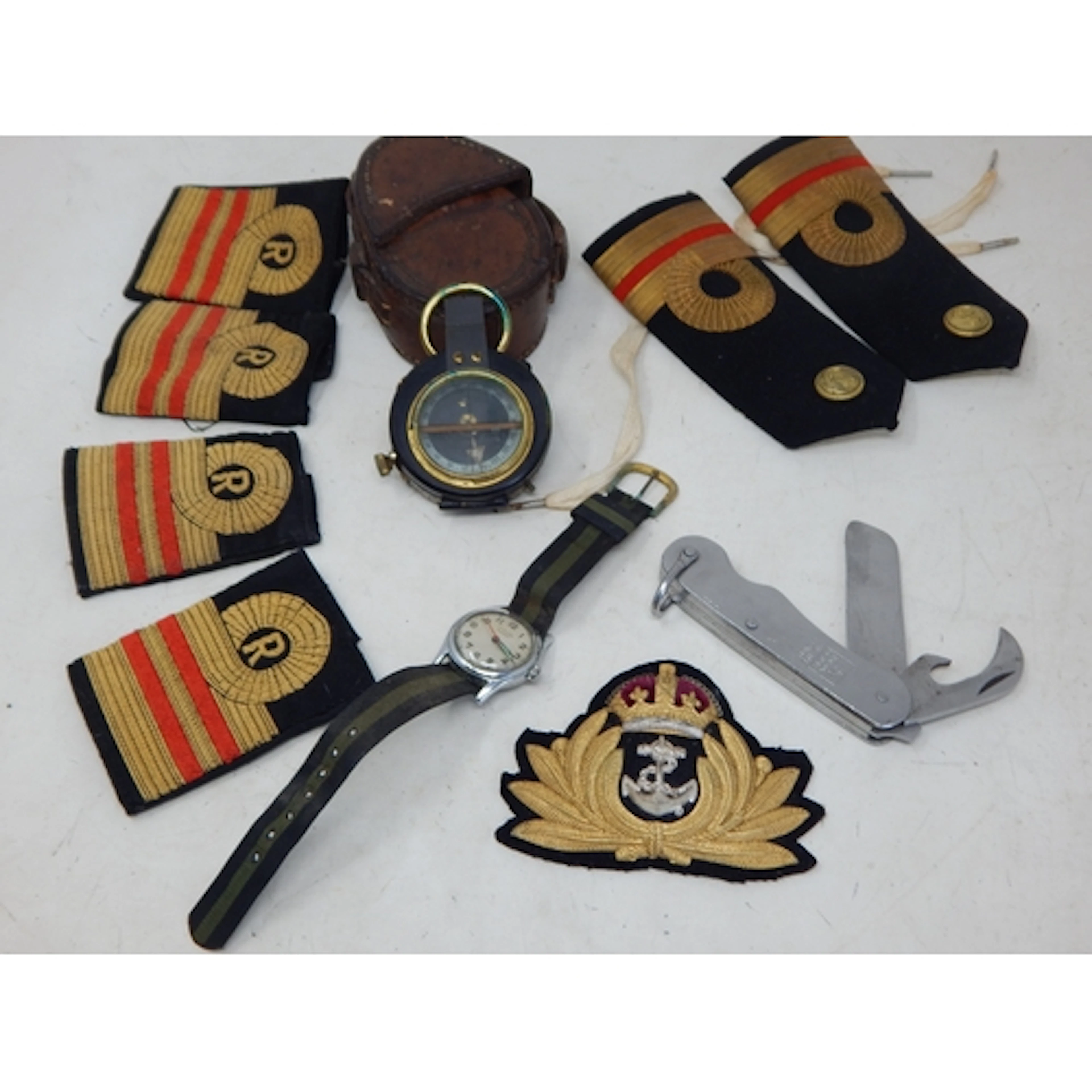 A Small Group of Military Items Including Compass in Leather...