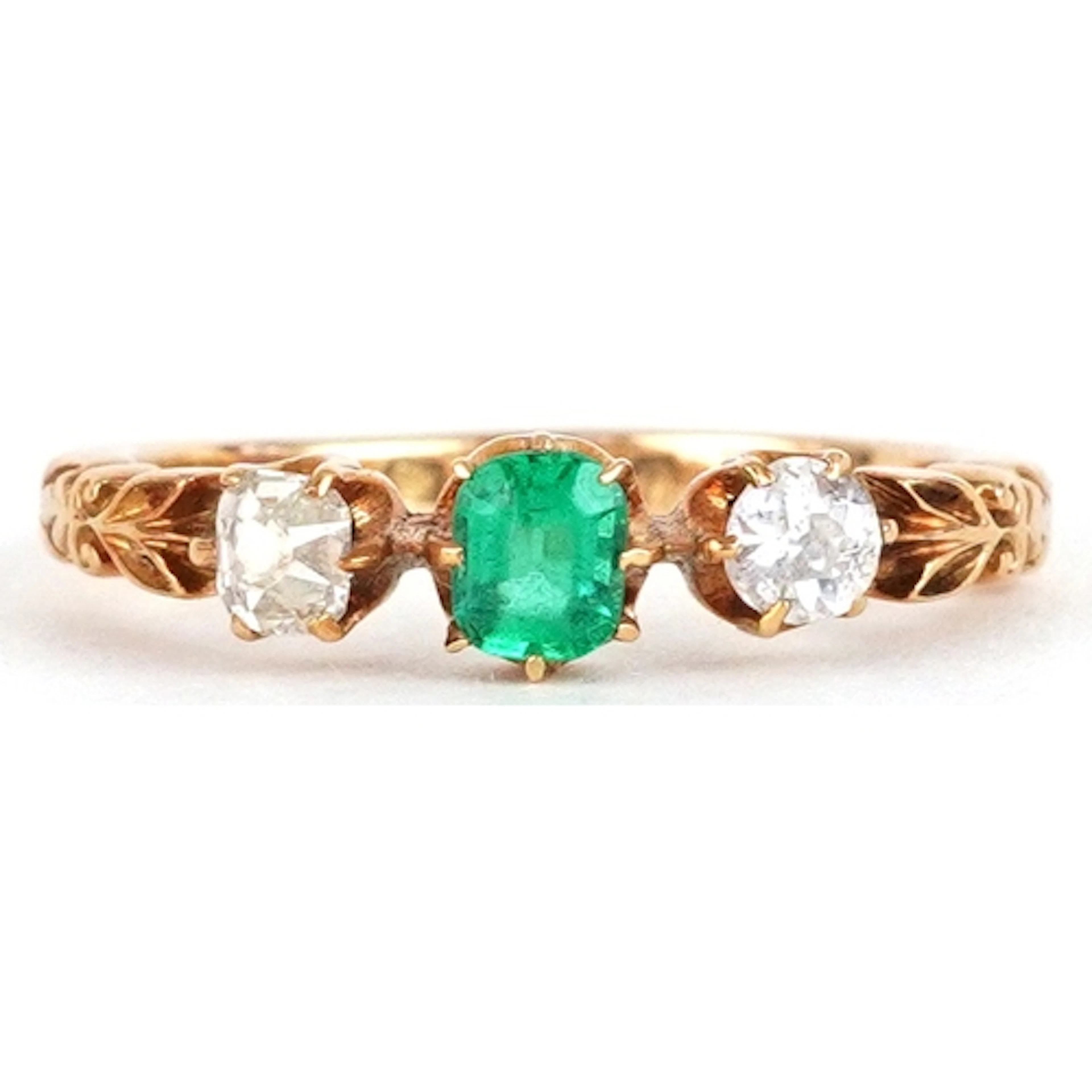 Victorian 18ct gold emerald and diamond three stone ring wit...