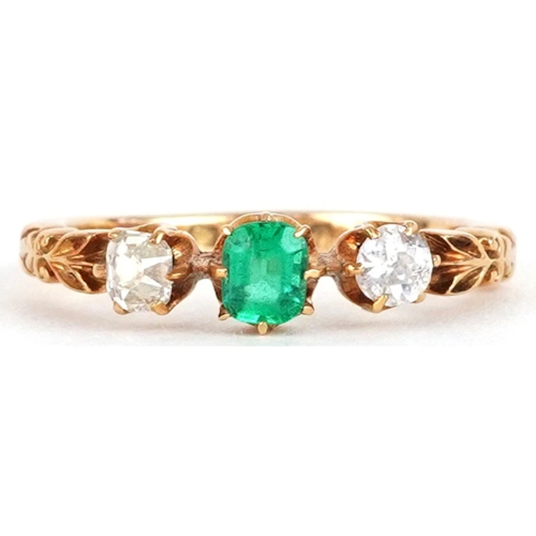 Victorian 18ct gold emerald and diamond three stone ring wit...