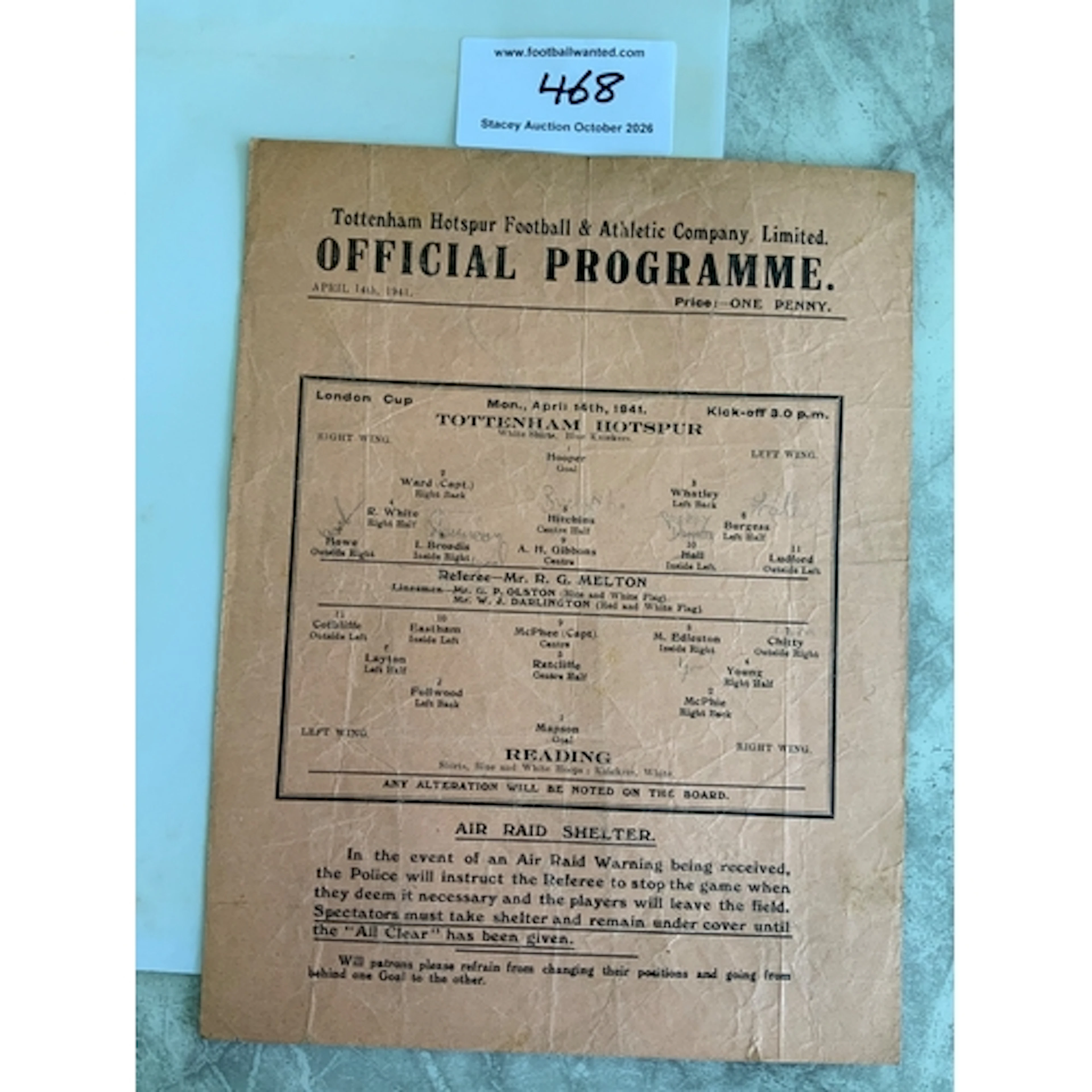 40/41 Tottenham v Reading Football Programme: London Cup sin...