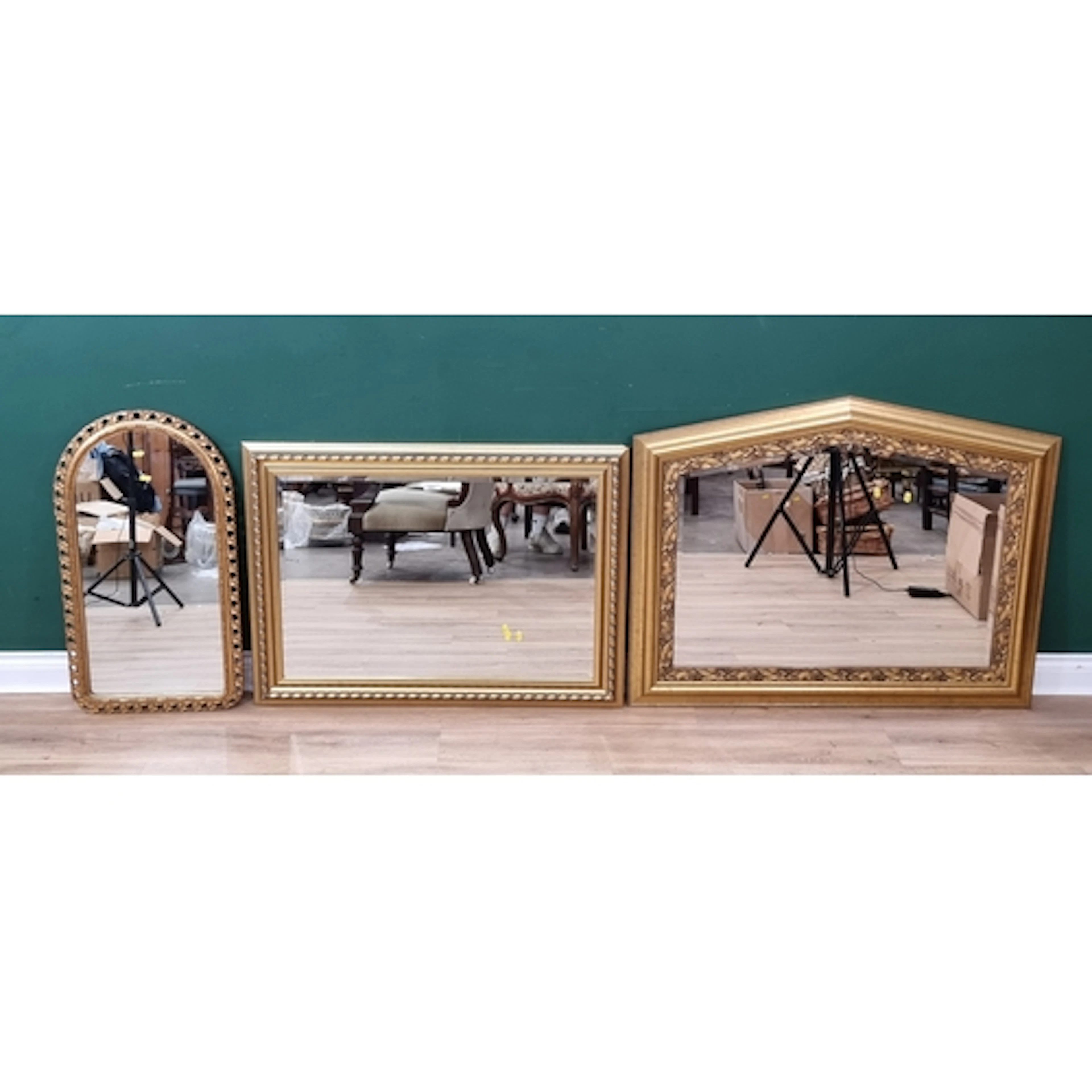 Three gilt framed wall Mirrors various sizes and a wall cloc...