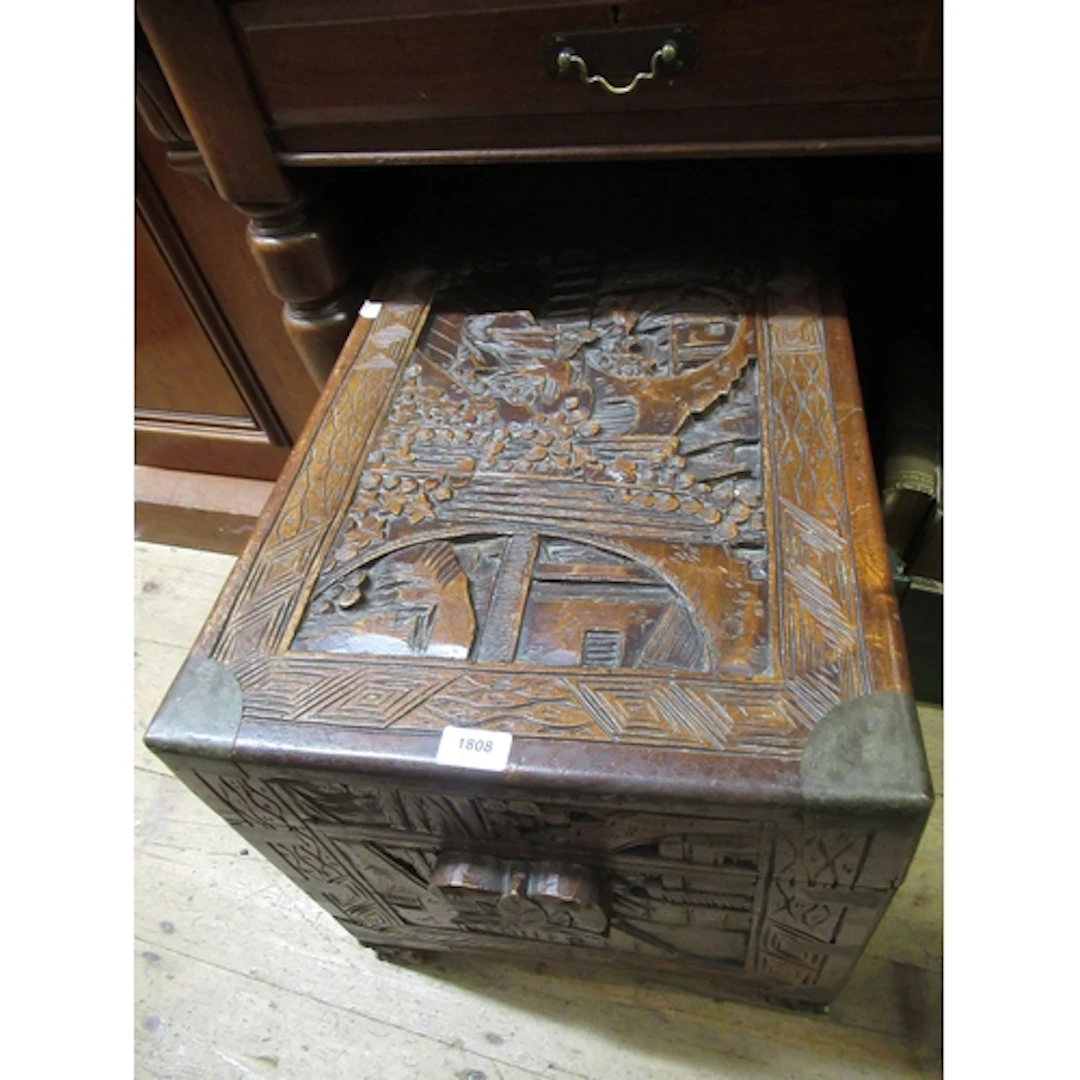Small Chinese carved camphor wood brass mounted trunk, 89 x ...