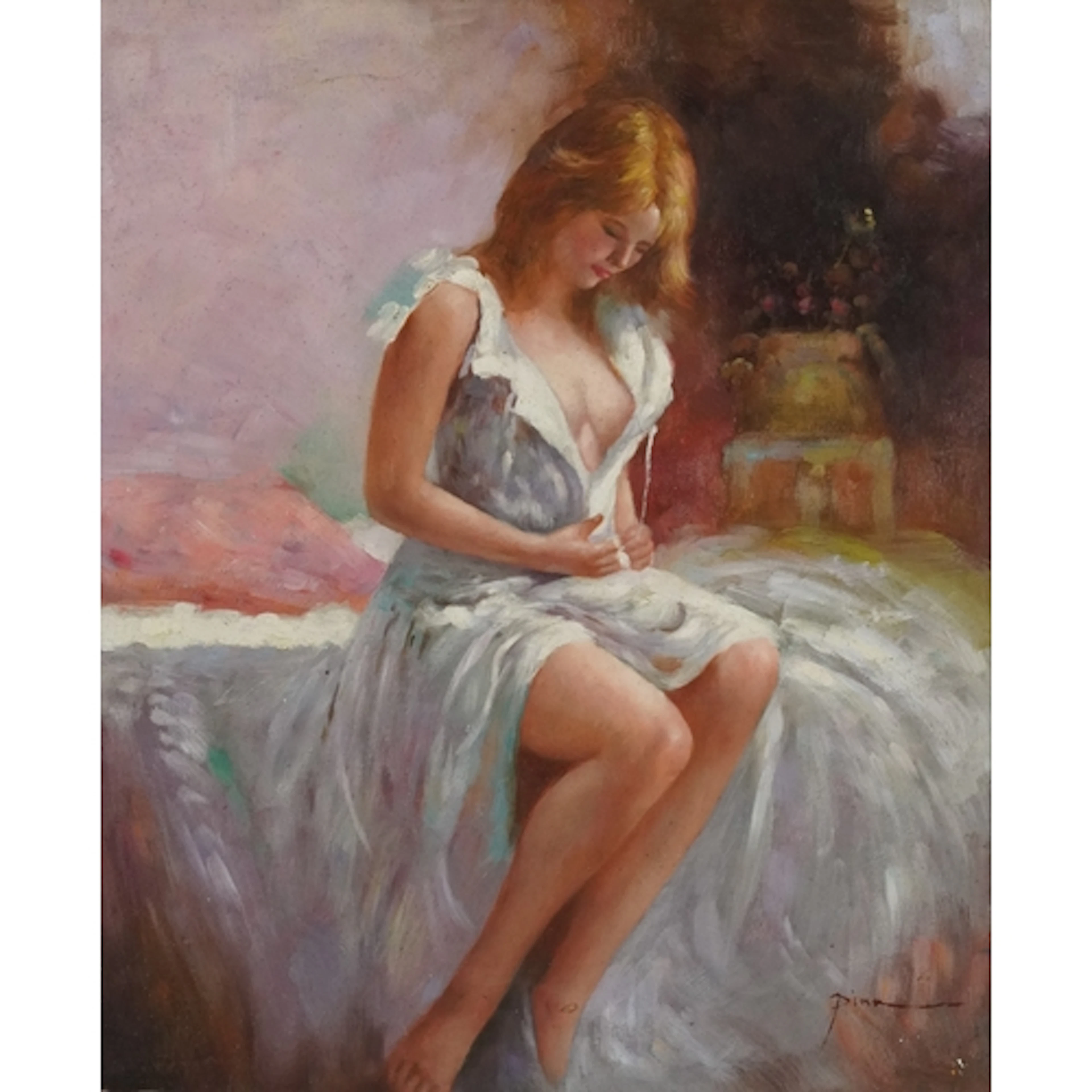 Manner of Pino Daeni - Female seated on the side of a bed, I...