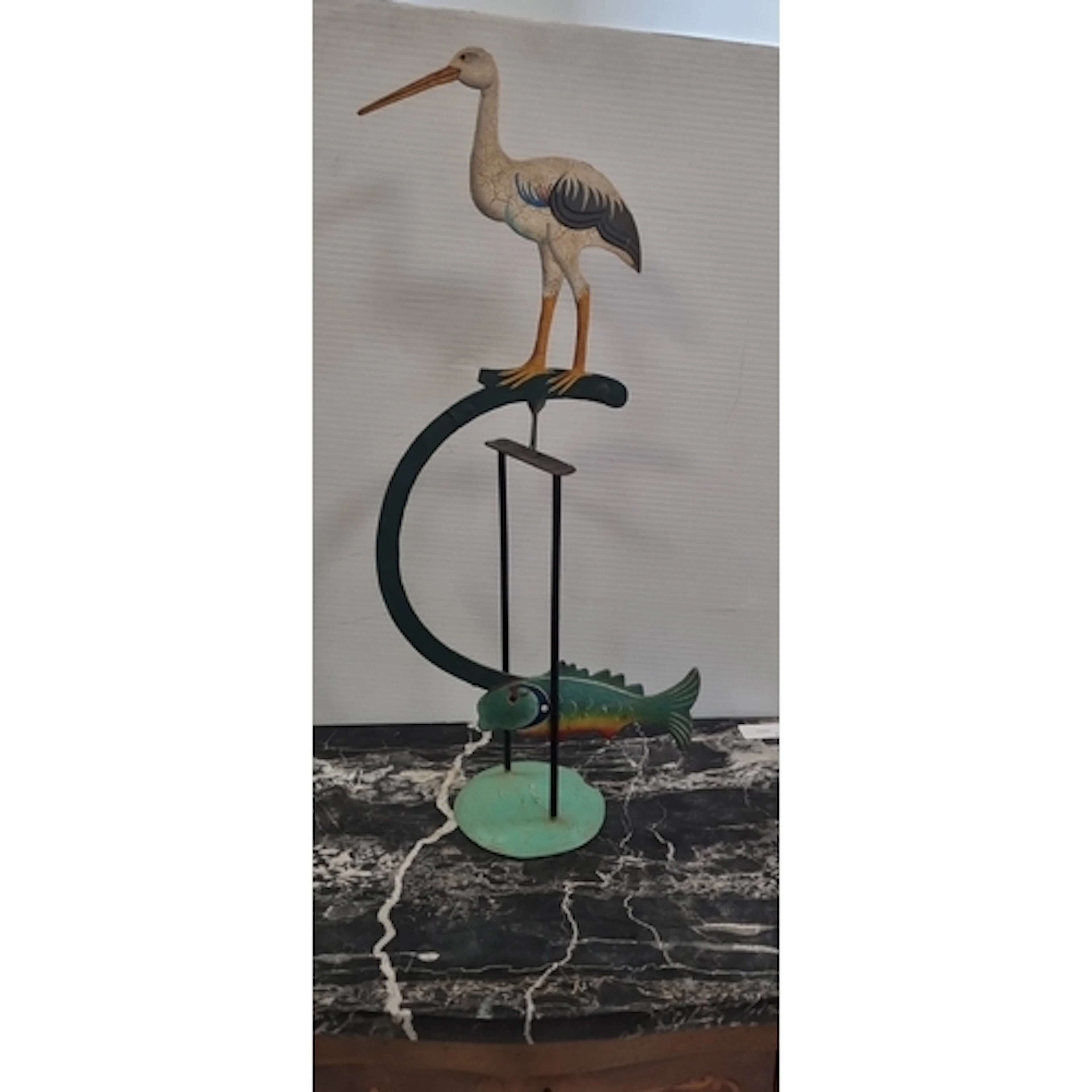 Painted metal folk-art bird and fish sculpture, H: 51cm