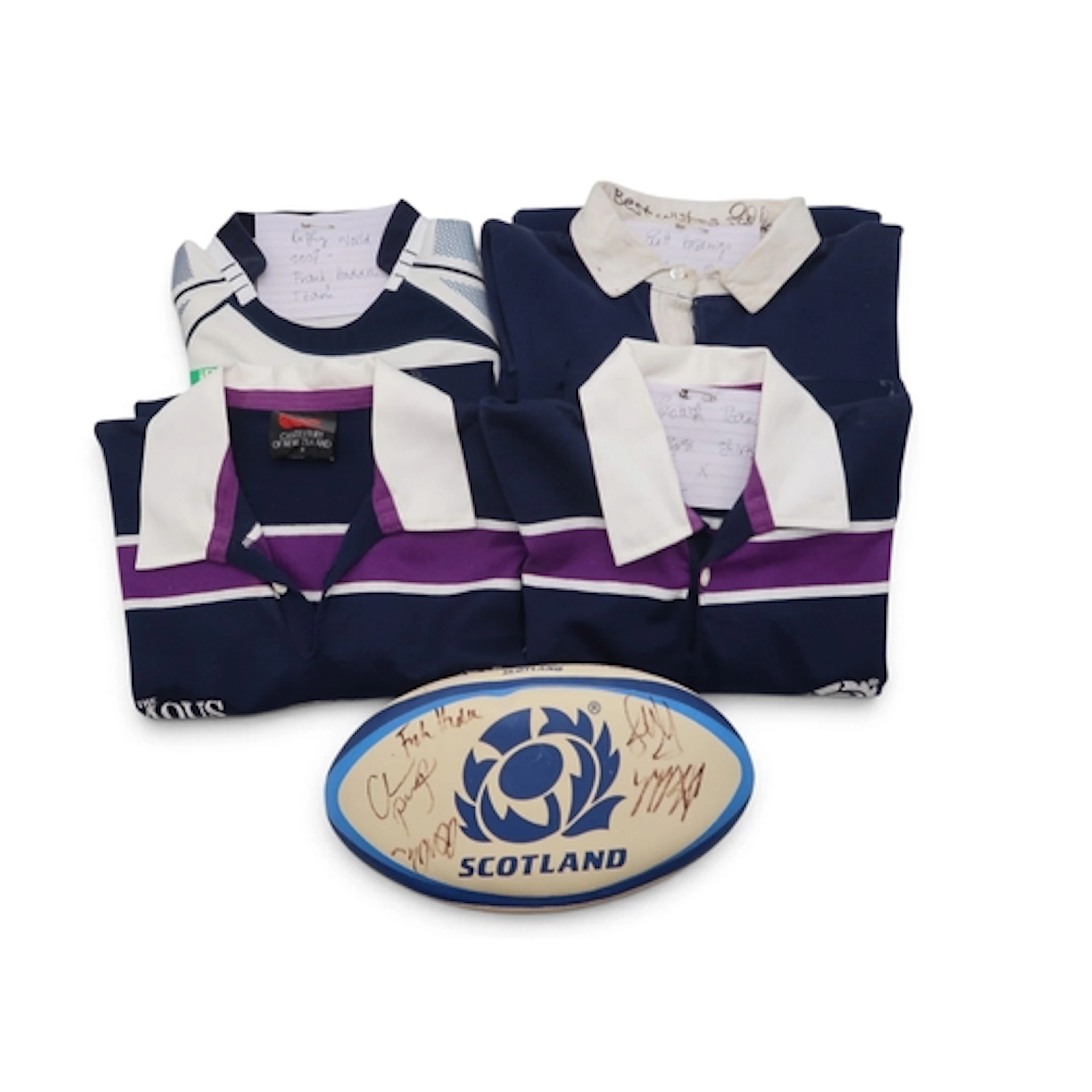Four Scotland rugby jerseys, respectively signed by Scott Ha...