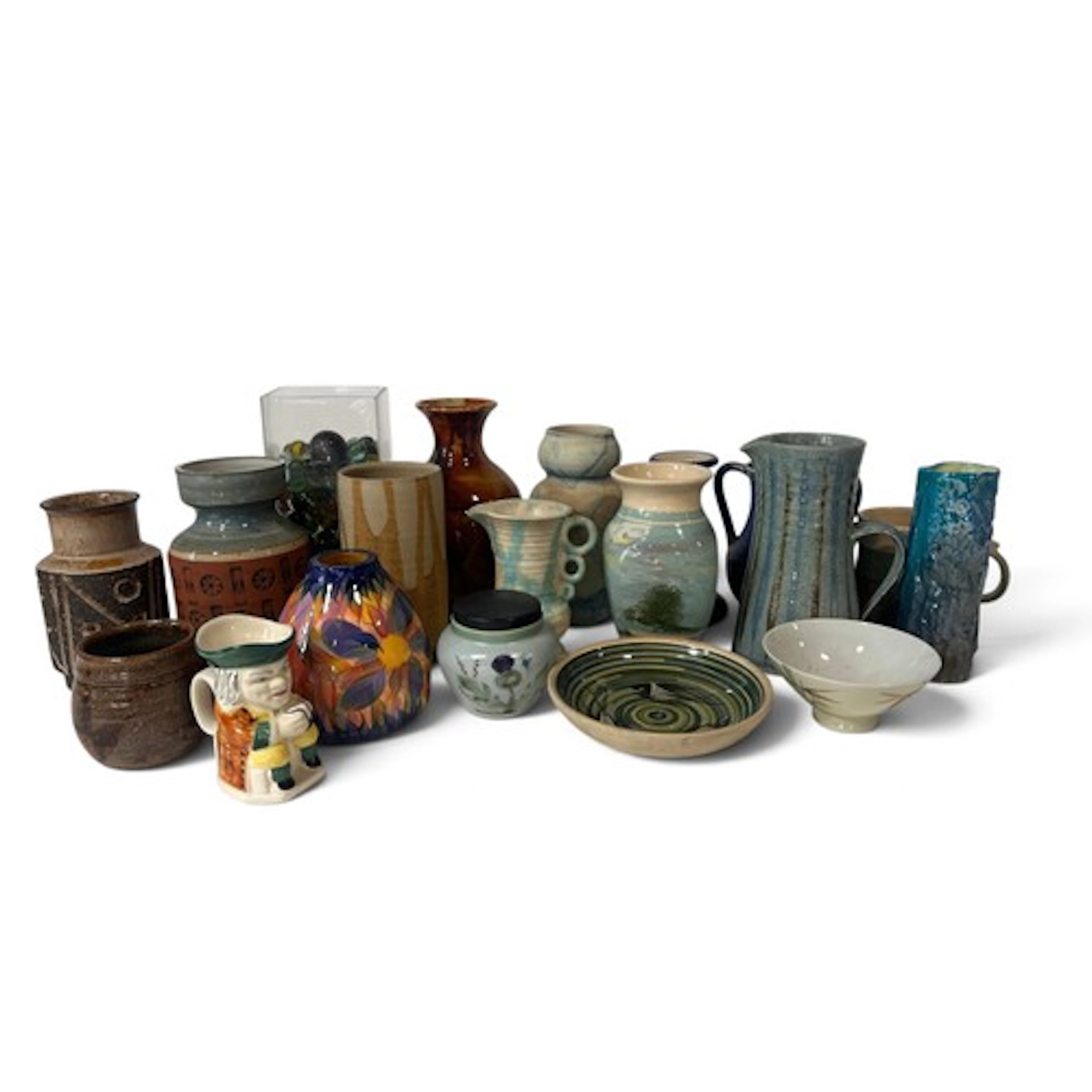 A box of Studio pottery together with a Whitefriars blue gla...
