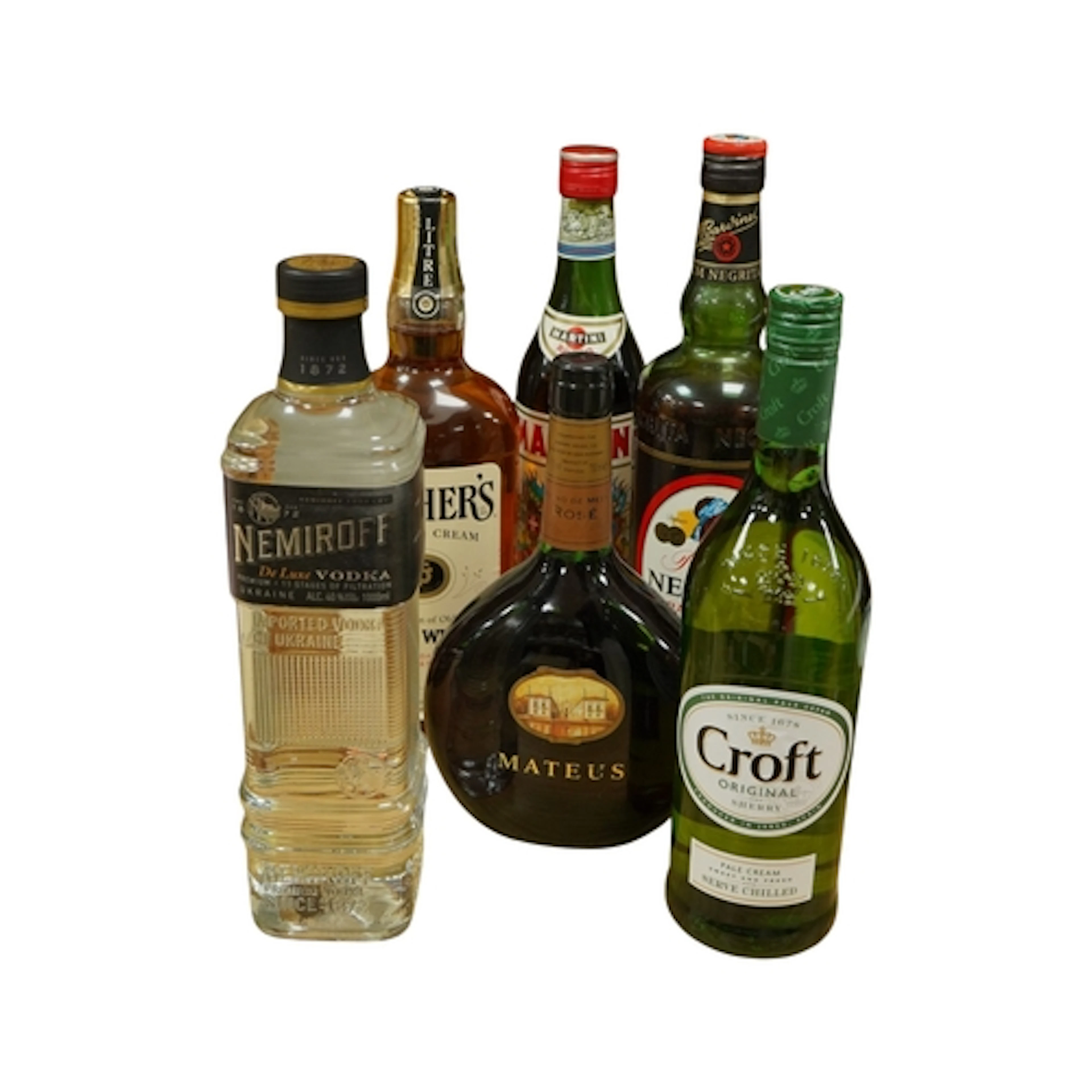 A collection of six bottles of alcohol, comprising Nemiroff ...