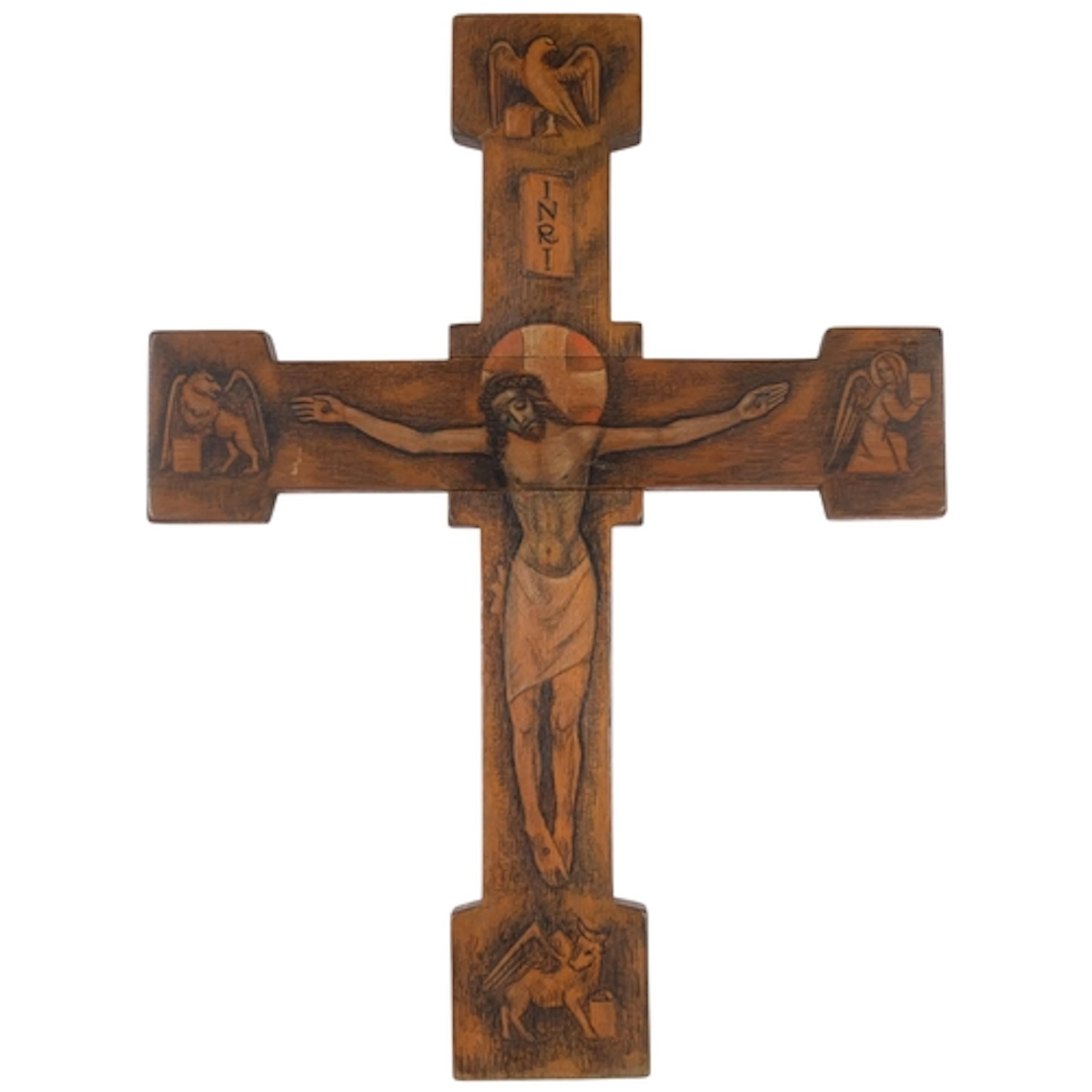 A Vintage oak crucifix with hand painted decoration, W48cm, ...