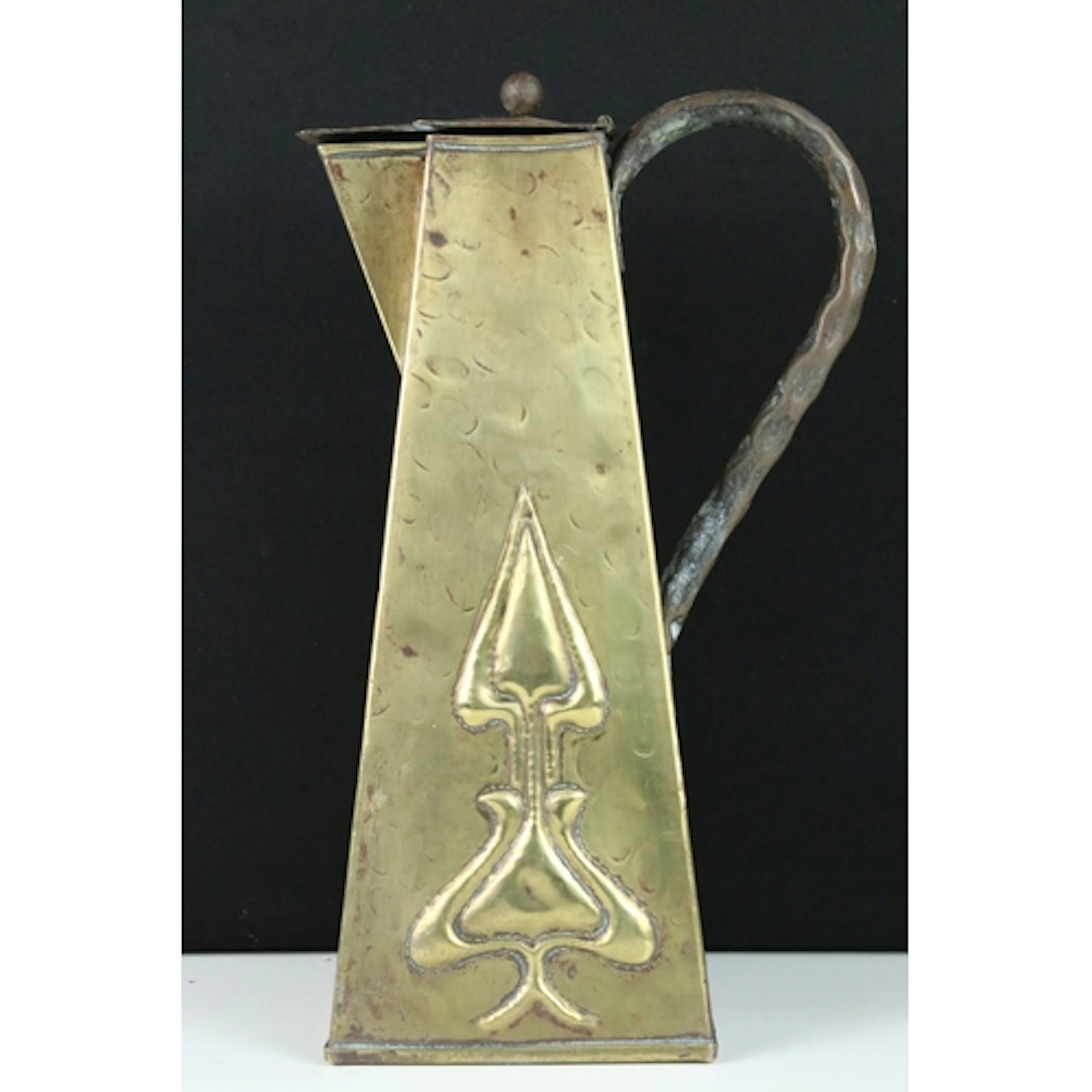 Art Nouveau brass and copper lidded jug, of square tapering ...