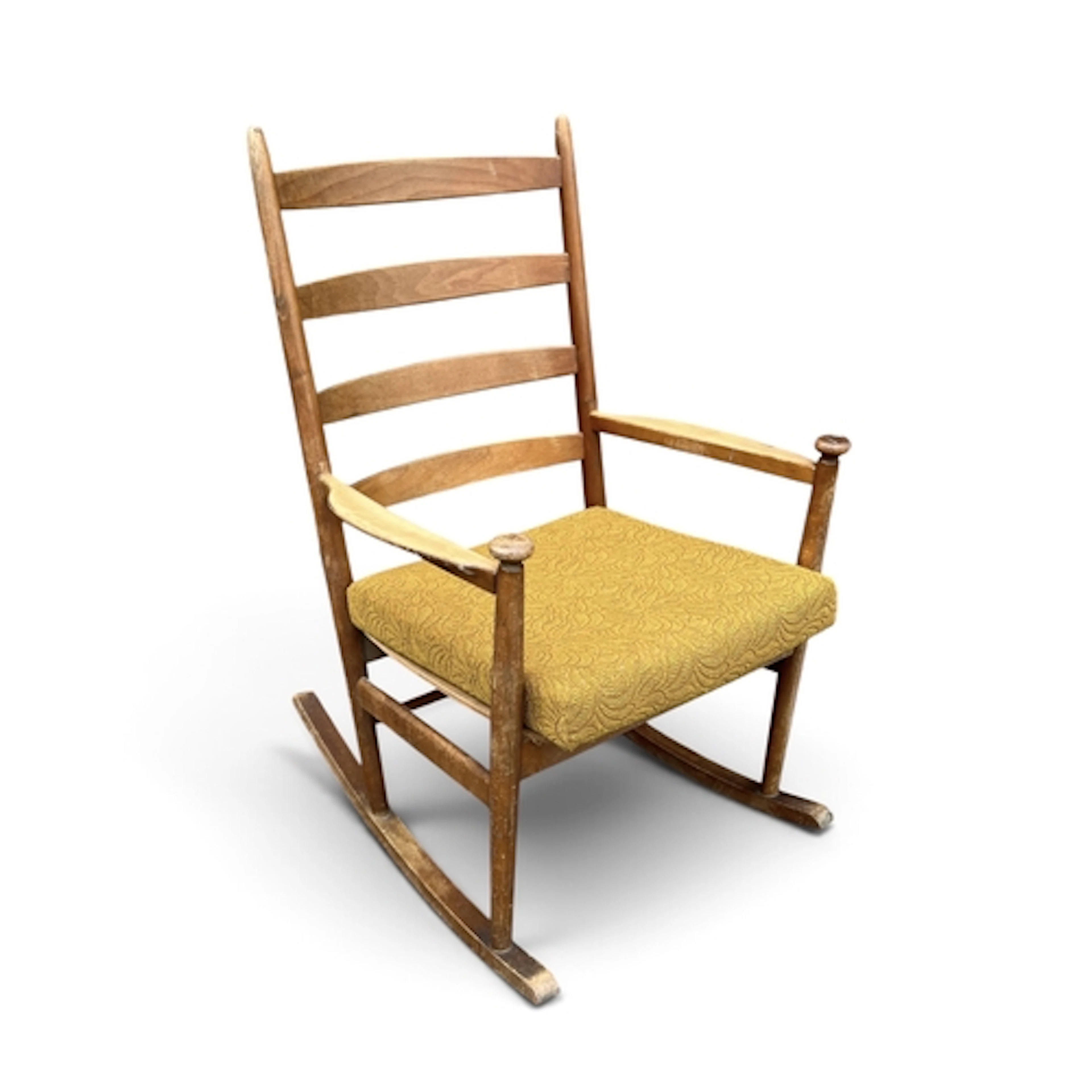 A MID-CENTURY TEAK ROCKING CHAIR 93 cm H
