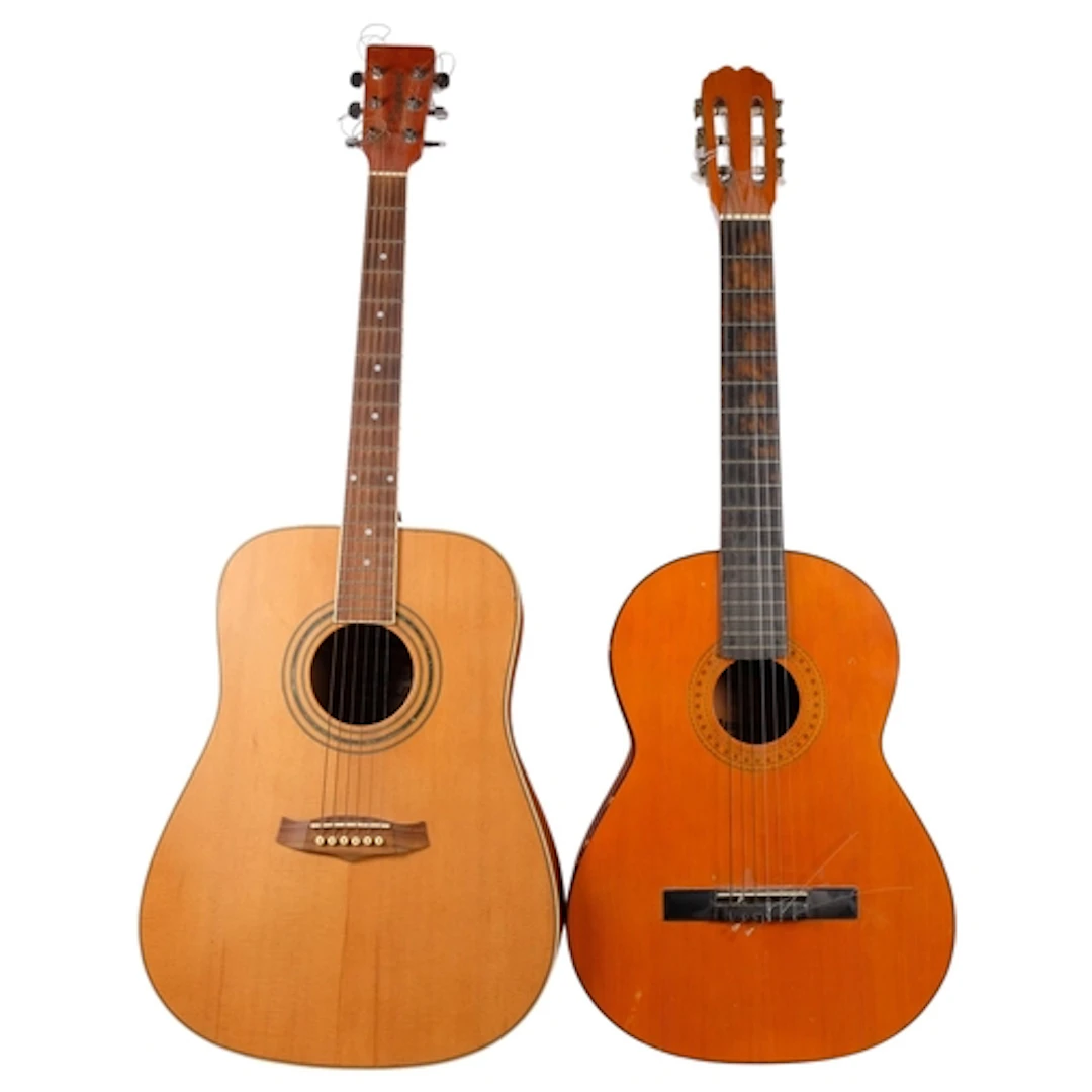 2 acoustic guitars, including an Almeria model, and a Tangle...