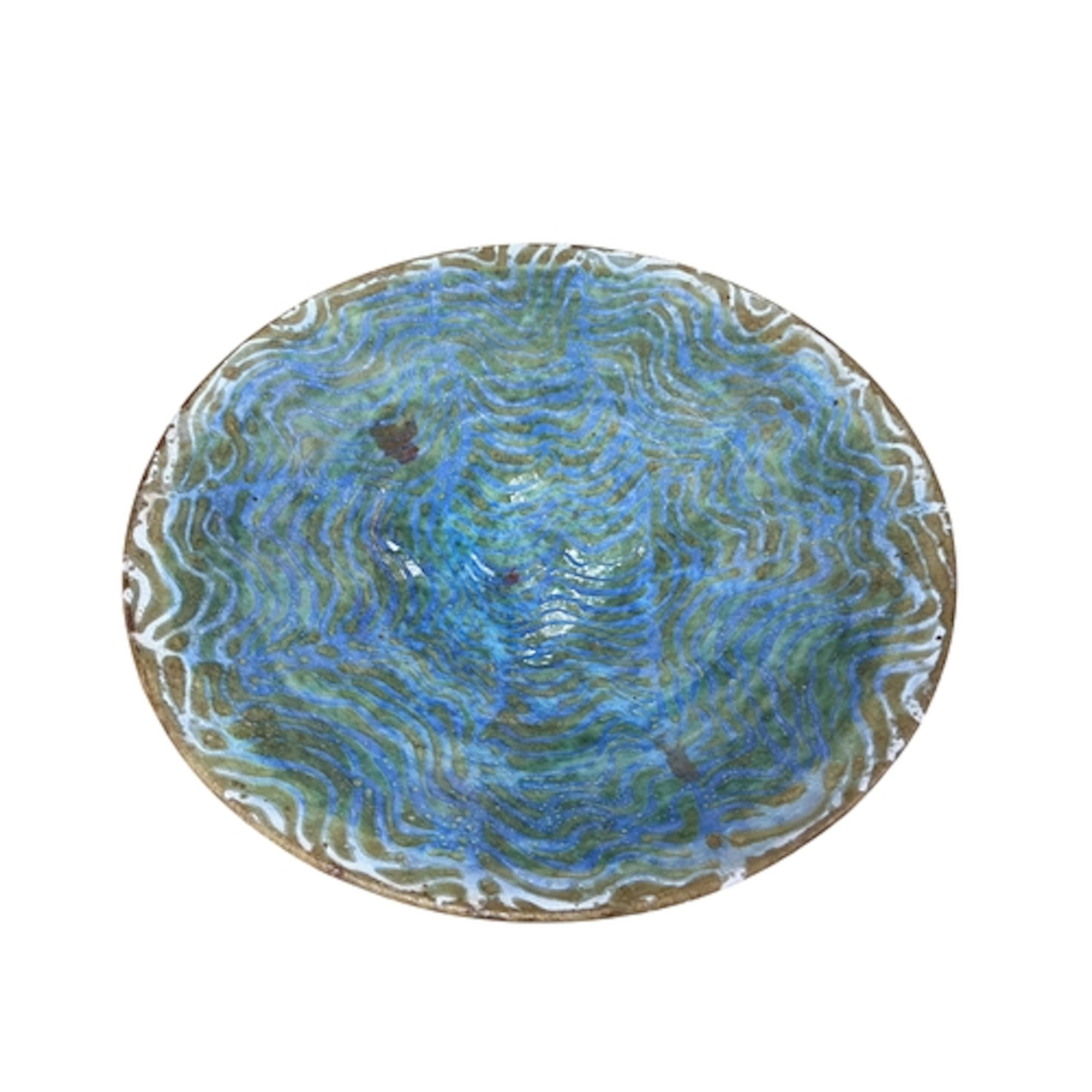 Studio ceramic dish by Peter Beard, blue-green wave pattern,...