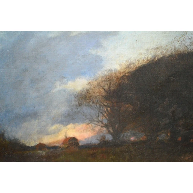 Oil on canvas laid on millboard, gypsy caravans in a wooded ...