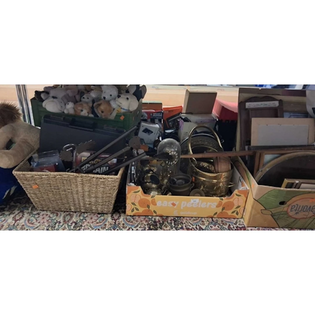 SIX BOXES AND LOOSE METALWARE, MISCELLANEOUS AND PICTURES, t...
