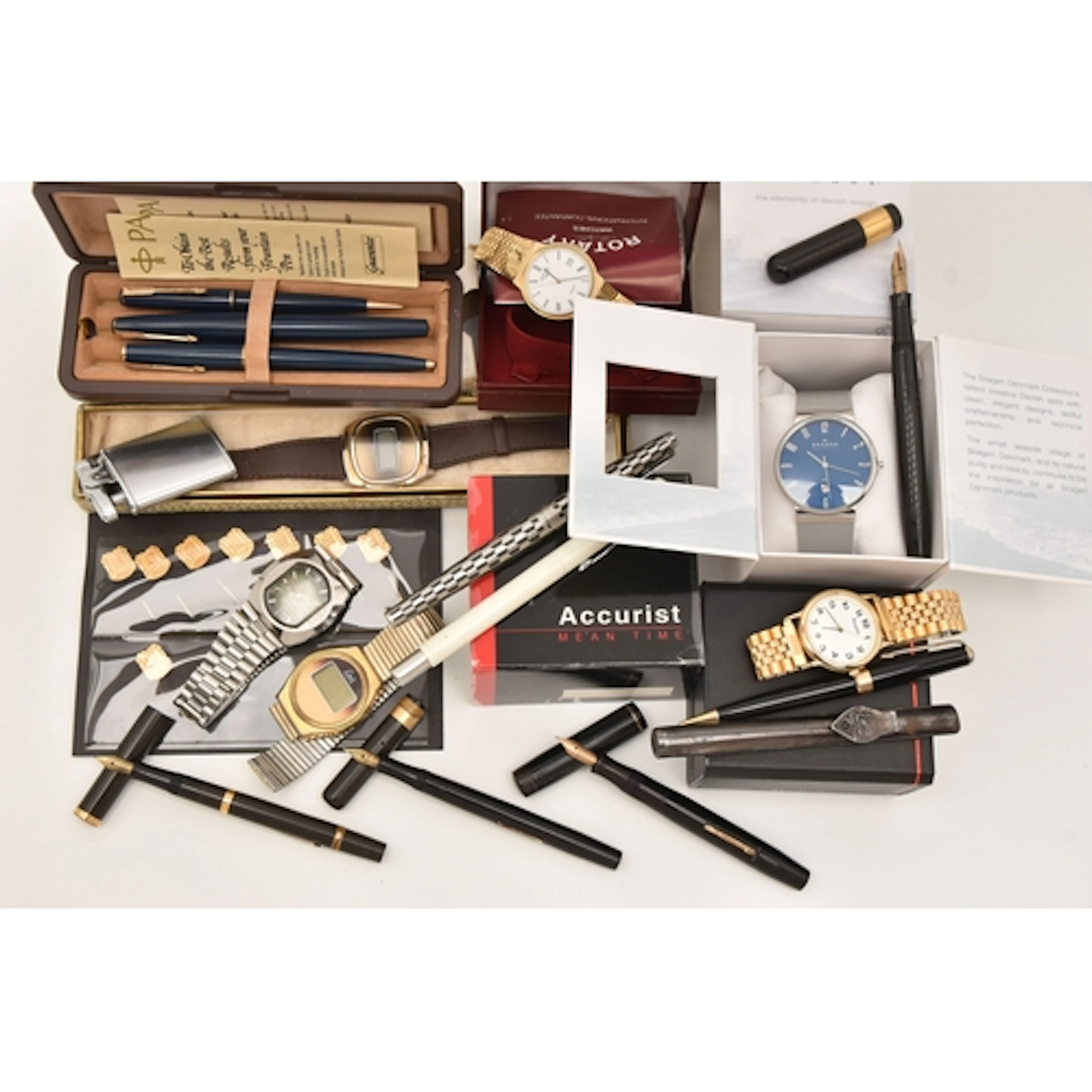 A BOX OF ASSORTED ITEMS, to include three 'Swan' fountain pe...