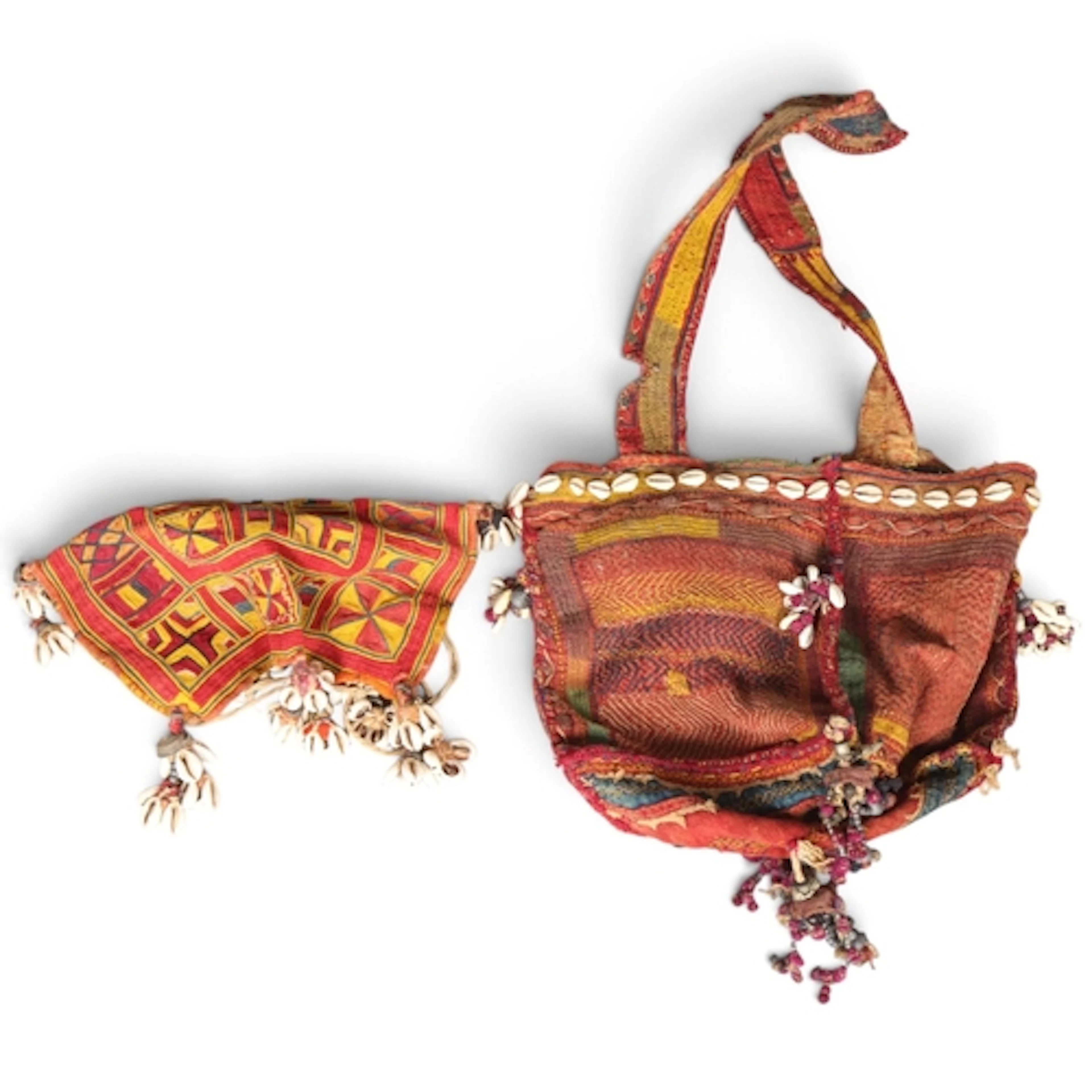 2 Vintage Banjara textile bags, with cowrie shell mounts (2)