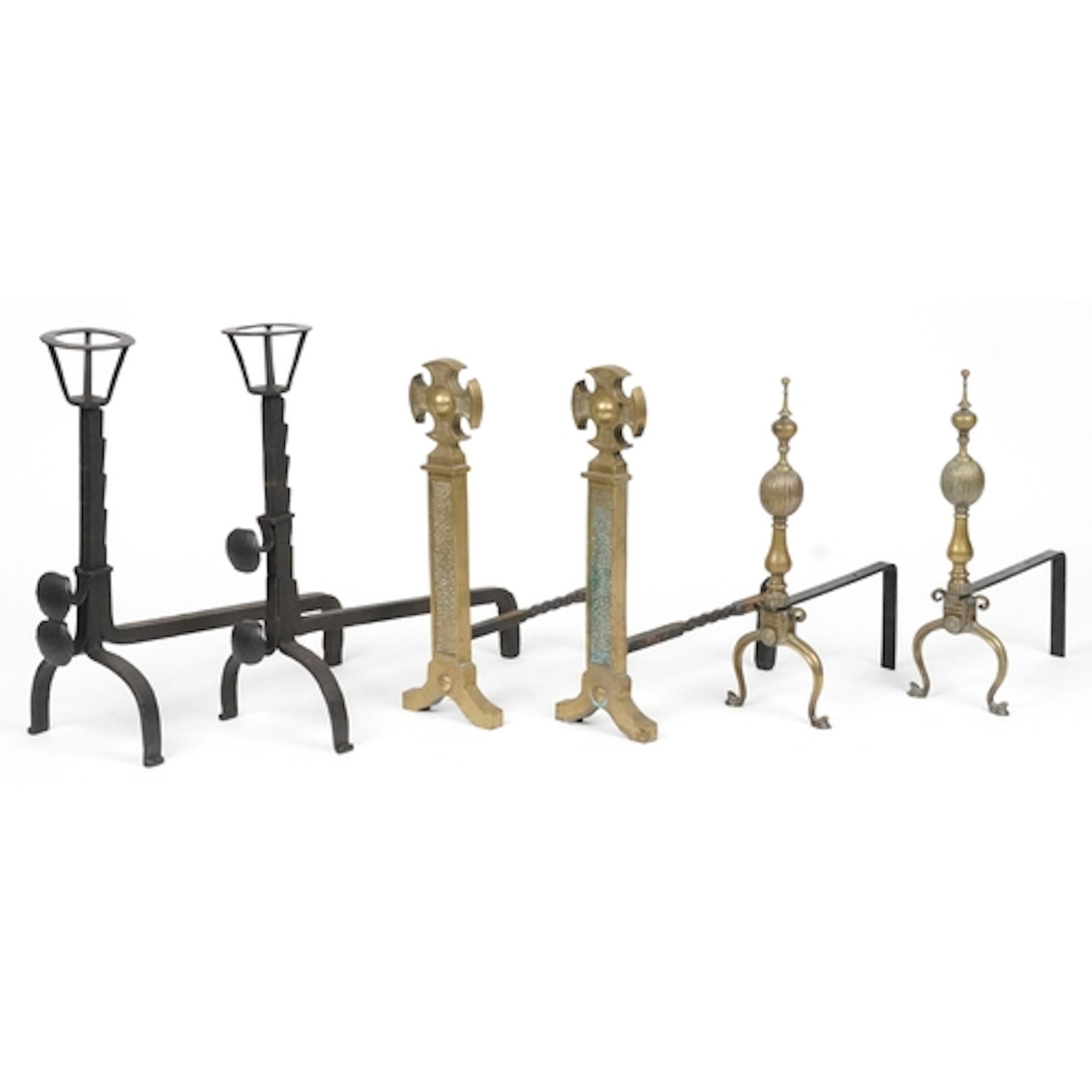 Three pairs of cast iron fire dogs, the largest 60cm high.