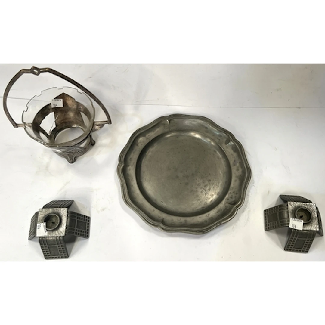 A WMF 1930's pewter vase with central handle and panels embo...