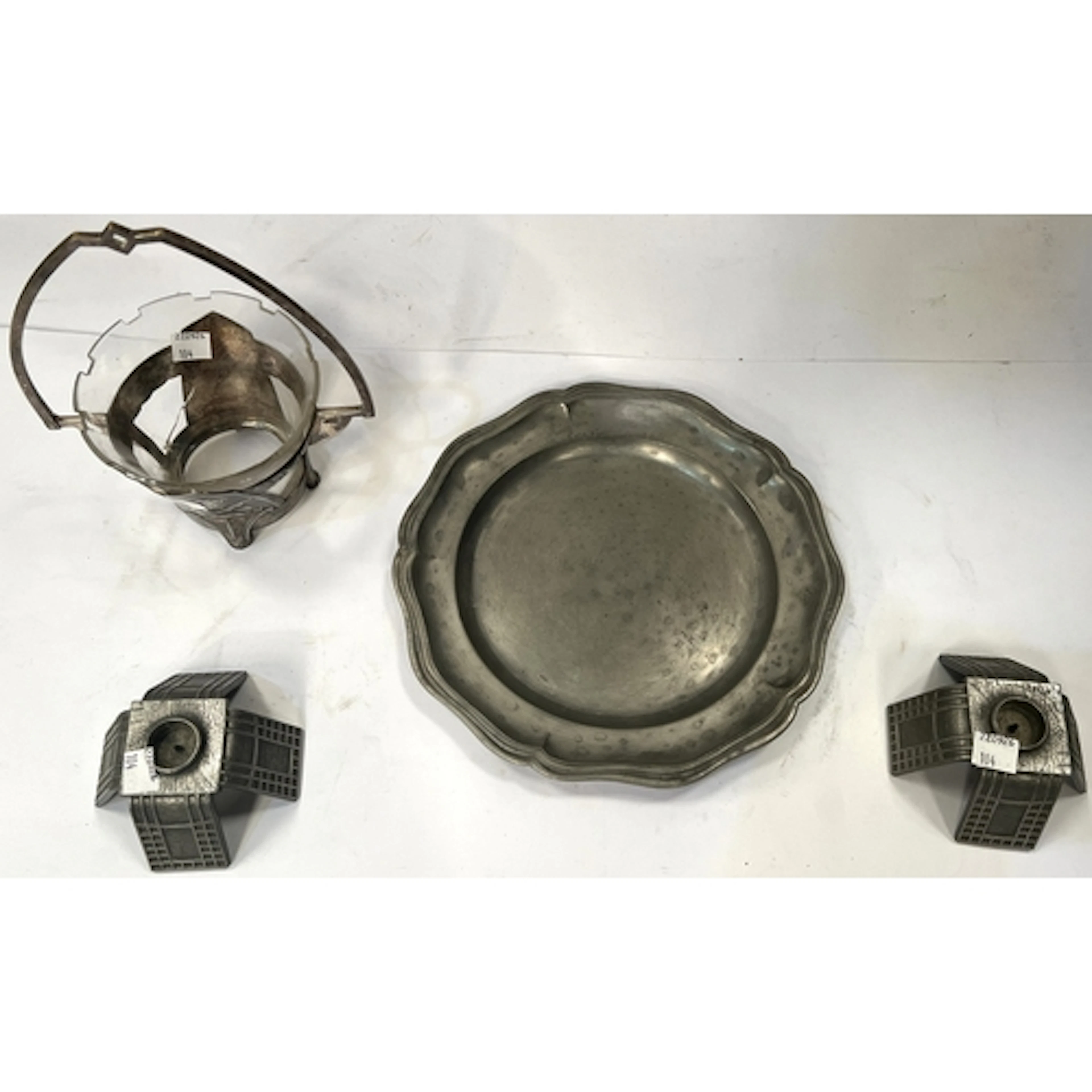 A WMF 1930's pewter vase with central handle and panels embo...