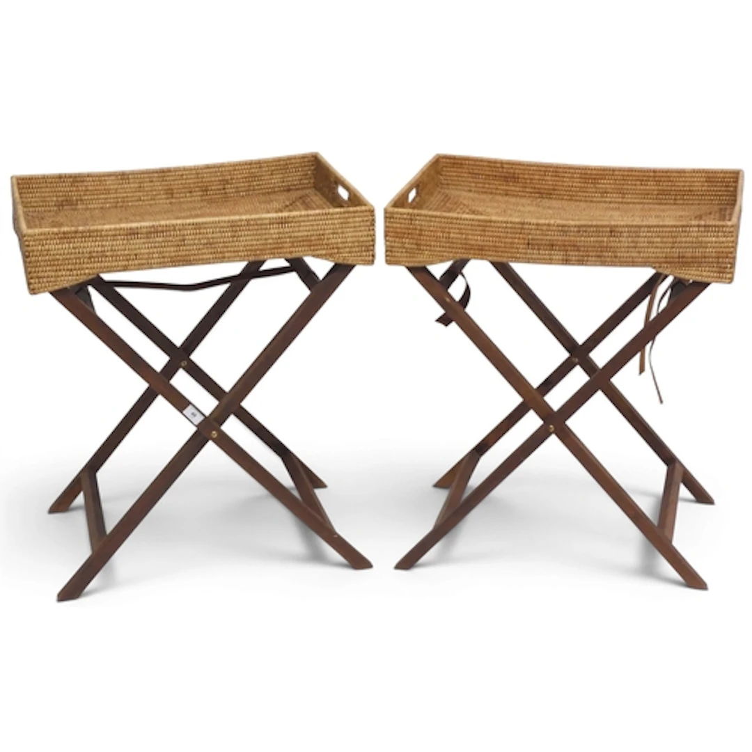 A pair of 20th century wicker butlers trays on folding stand...