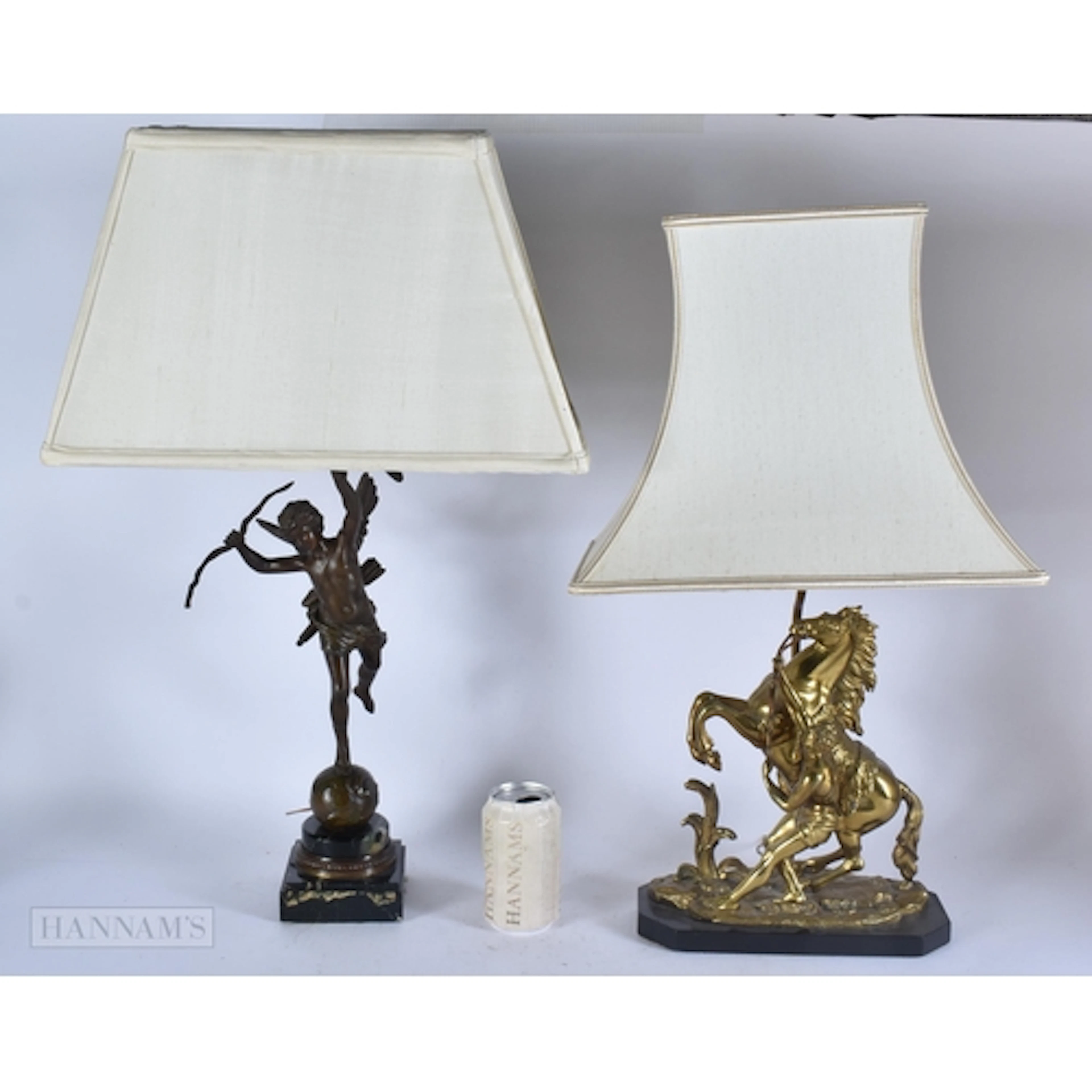 A VICTORIAN BRONZE MARLEY HORSE LAMP together with a spelter...