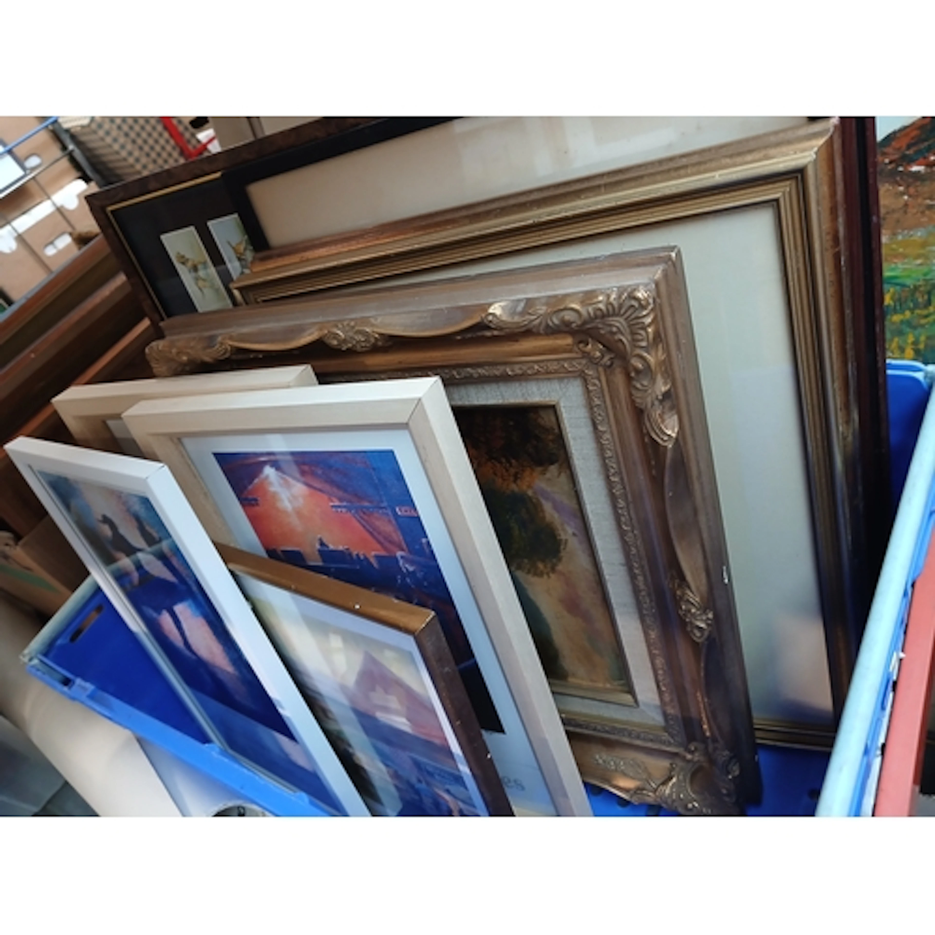 A box of assorted pictures including an oil, prints after Da...