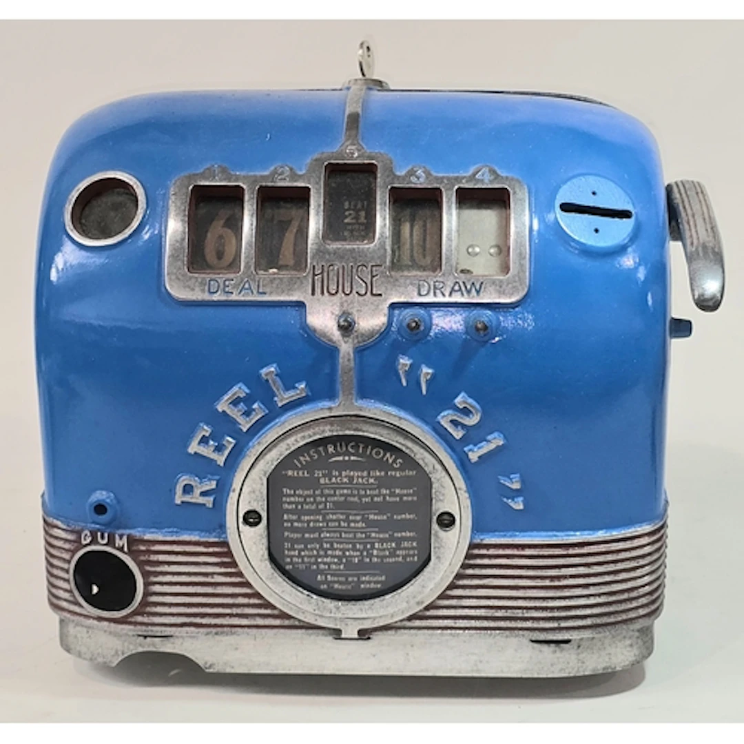 Vintage Reel 21 coin operated 5 reel slot machine trade stim...