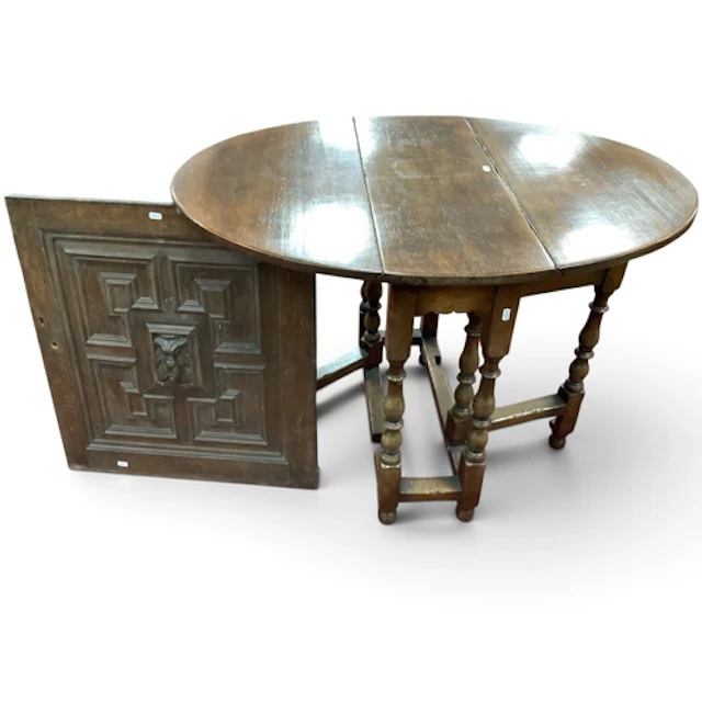 Oak gateleg dining table, with twin drop leaves forming an o...