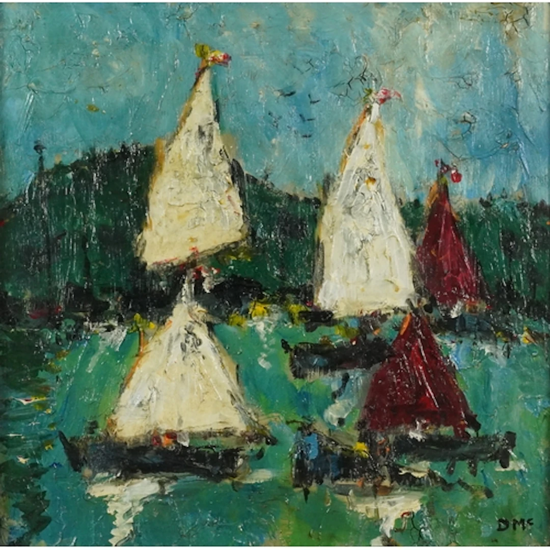 Abstract composition, ships at sea, oil on board, framed and...