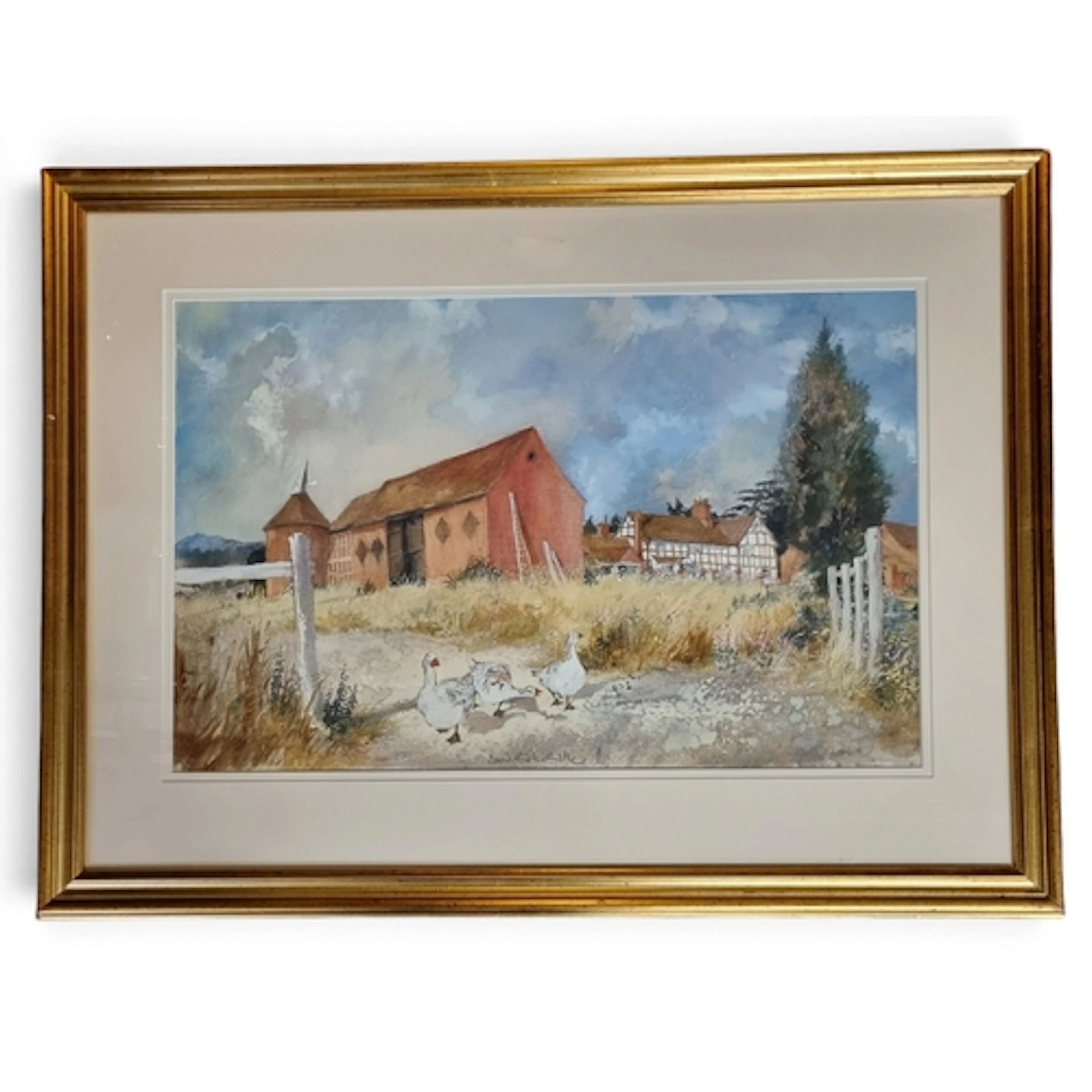 A 20th Century Watercolour of Geese walking down a path by D...