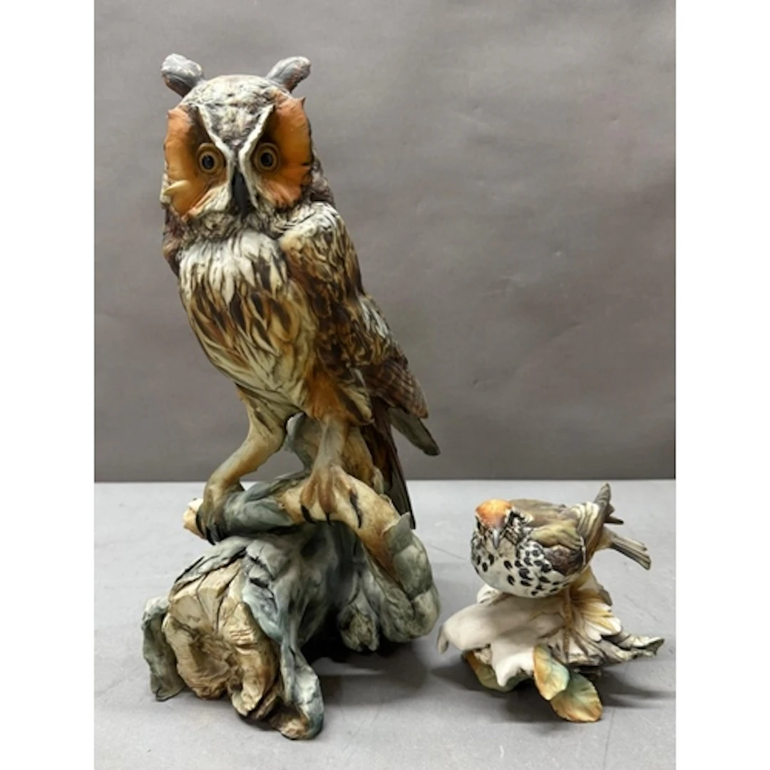 Two Capo dip Monte figures of an owl and a thrush.