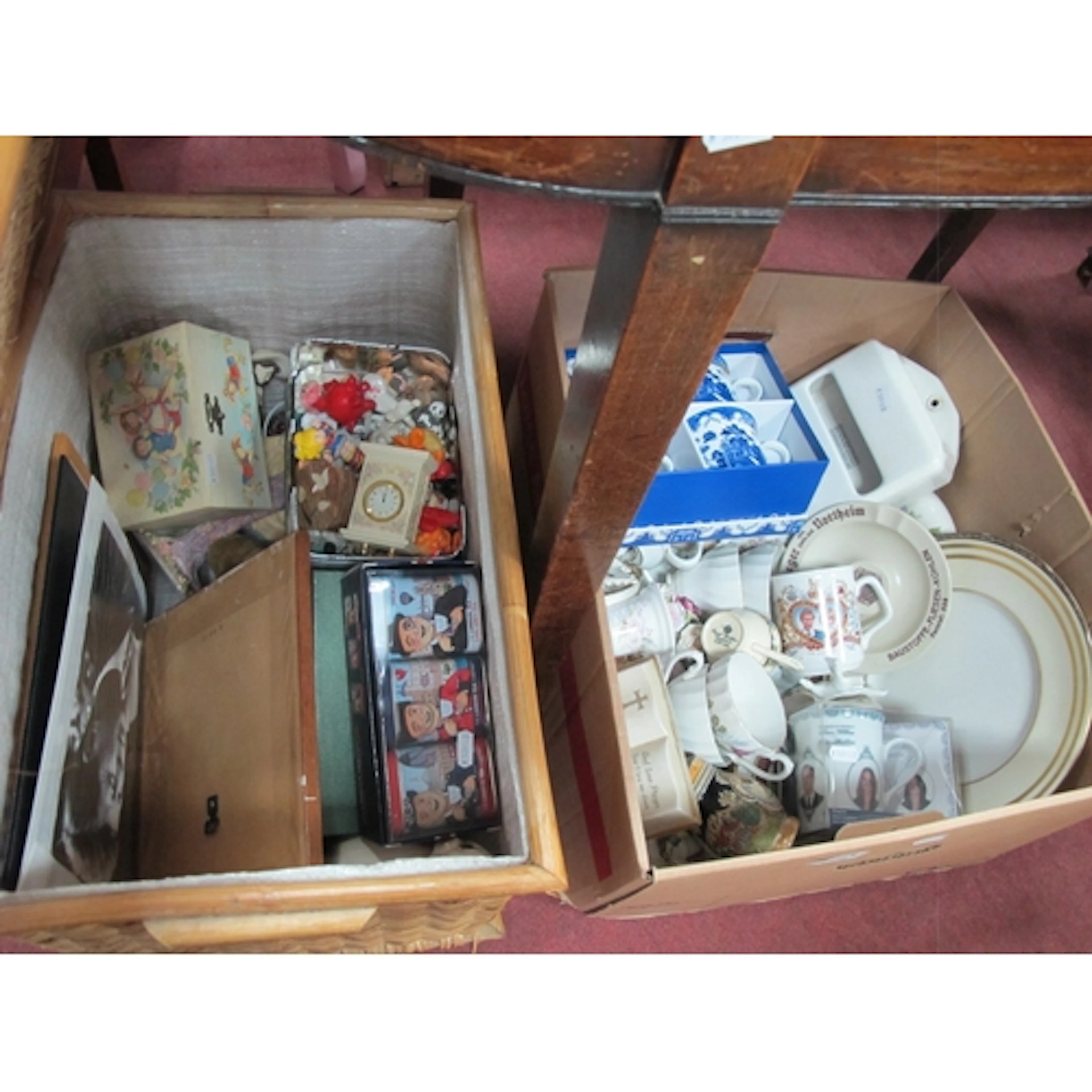 Collectables, including two woven chests containing wooden c...