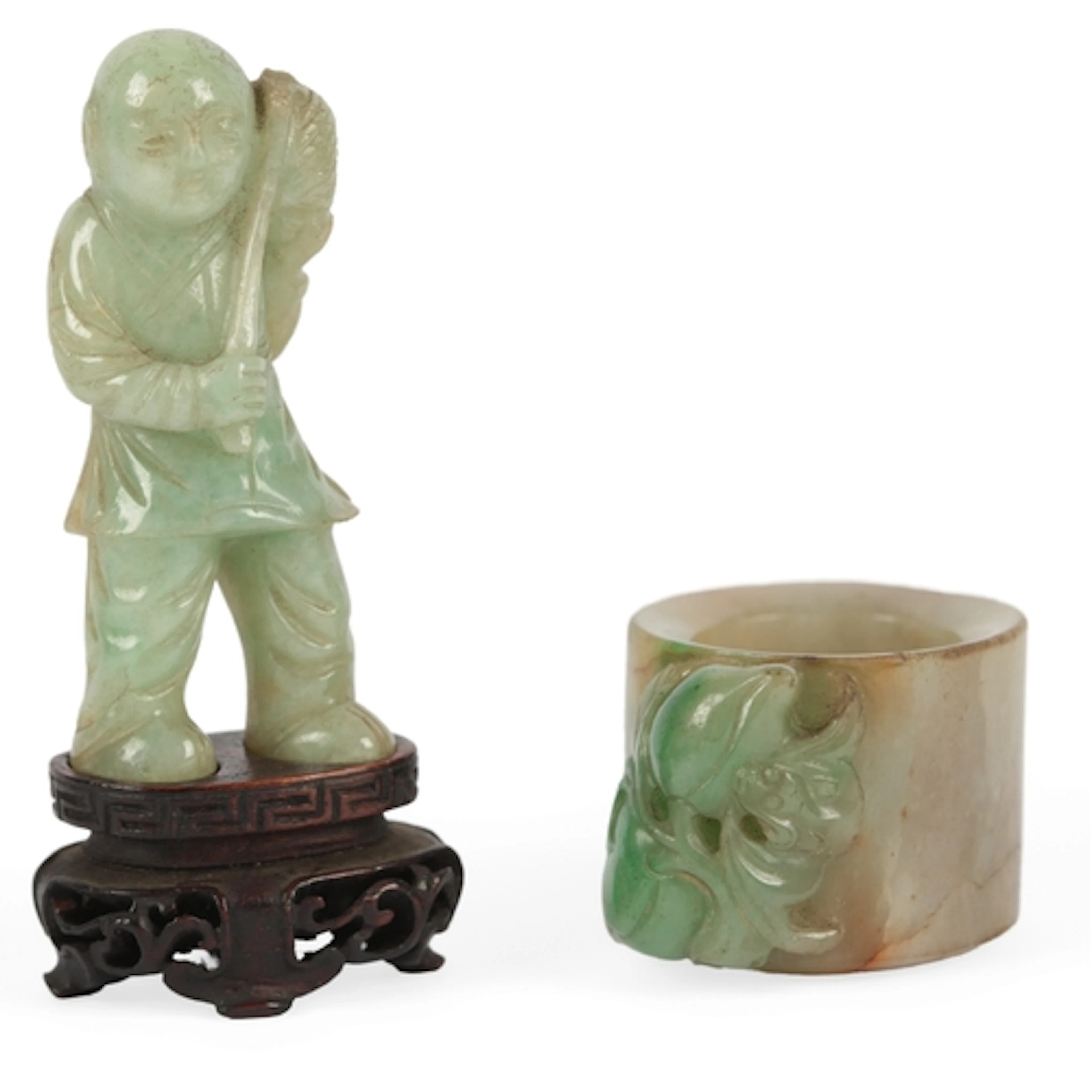 A Chinese jadeite figure of a boy holding a lantern and a ja...