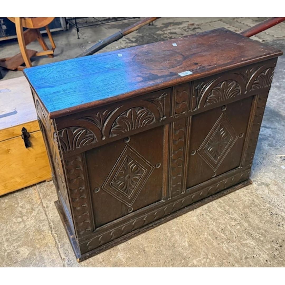 Part 17th century oak low cupboard with arcaded and lozenge ...
