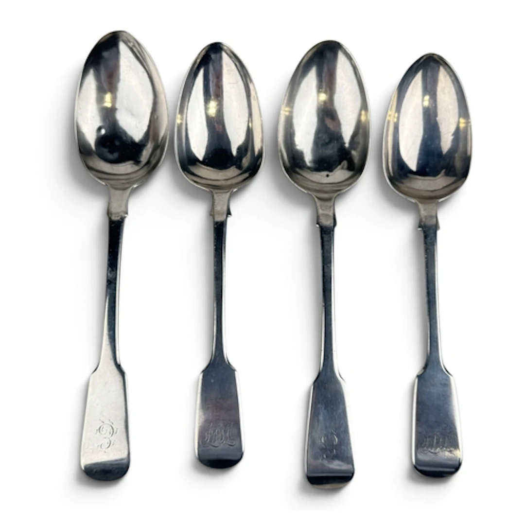 FOUR SILVER FIDDLE PATTERN TABLESPOONS, ROBERT WALLIS, WILLI...
