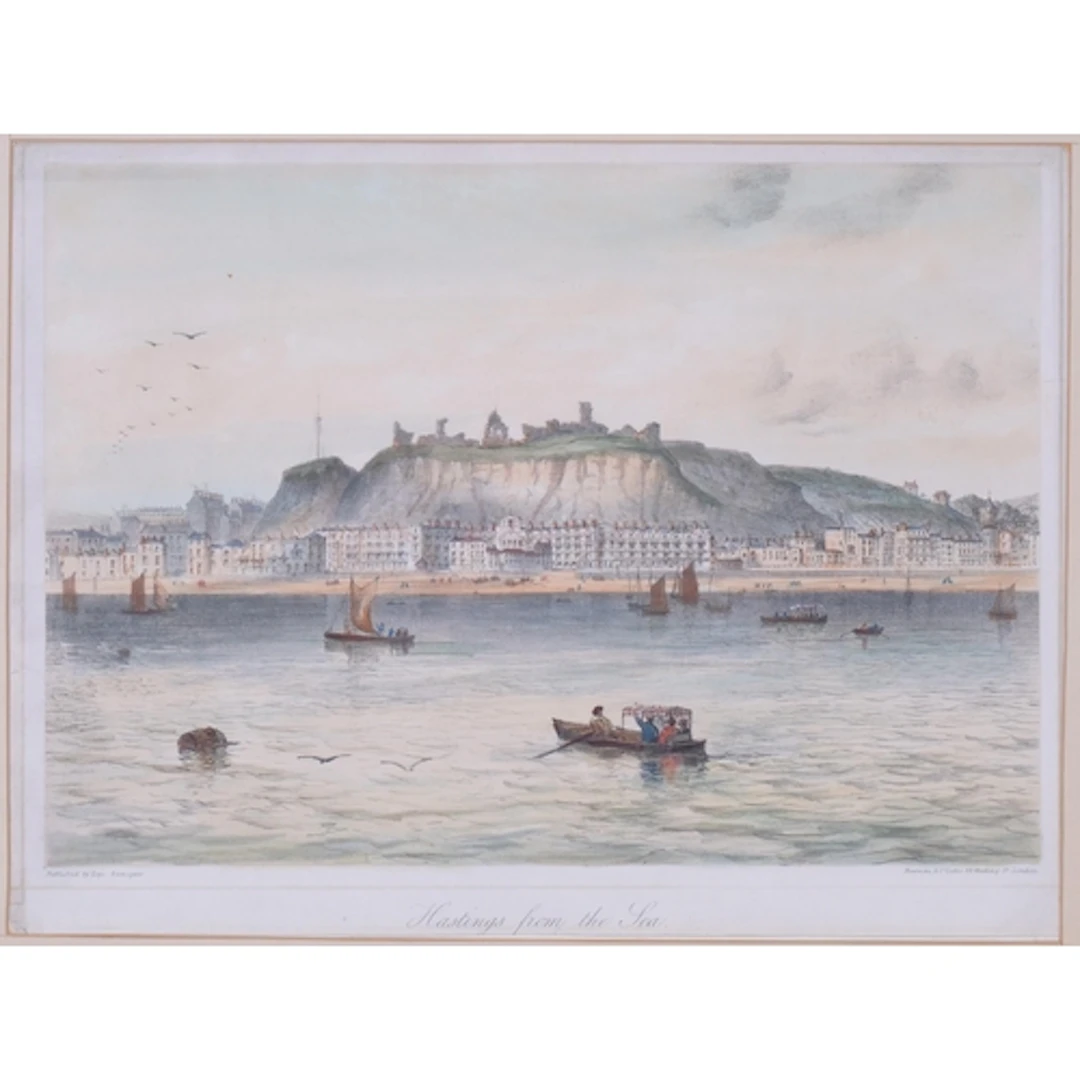 Hastings from the sea, 19th century hand-coloured lithograph...