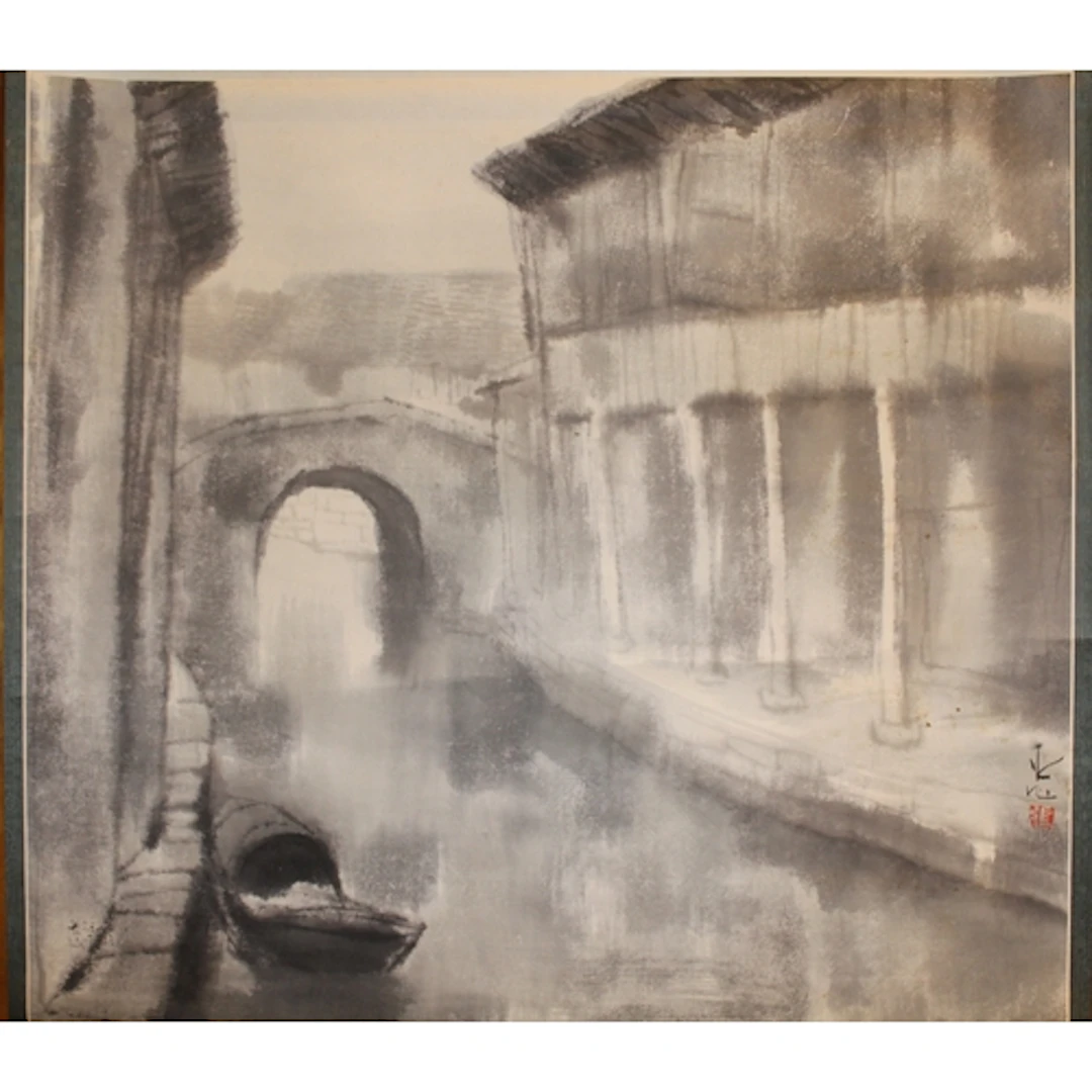 Attributed to Li Huasheng, ink and watercolour, canal scene ...
