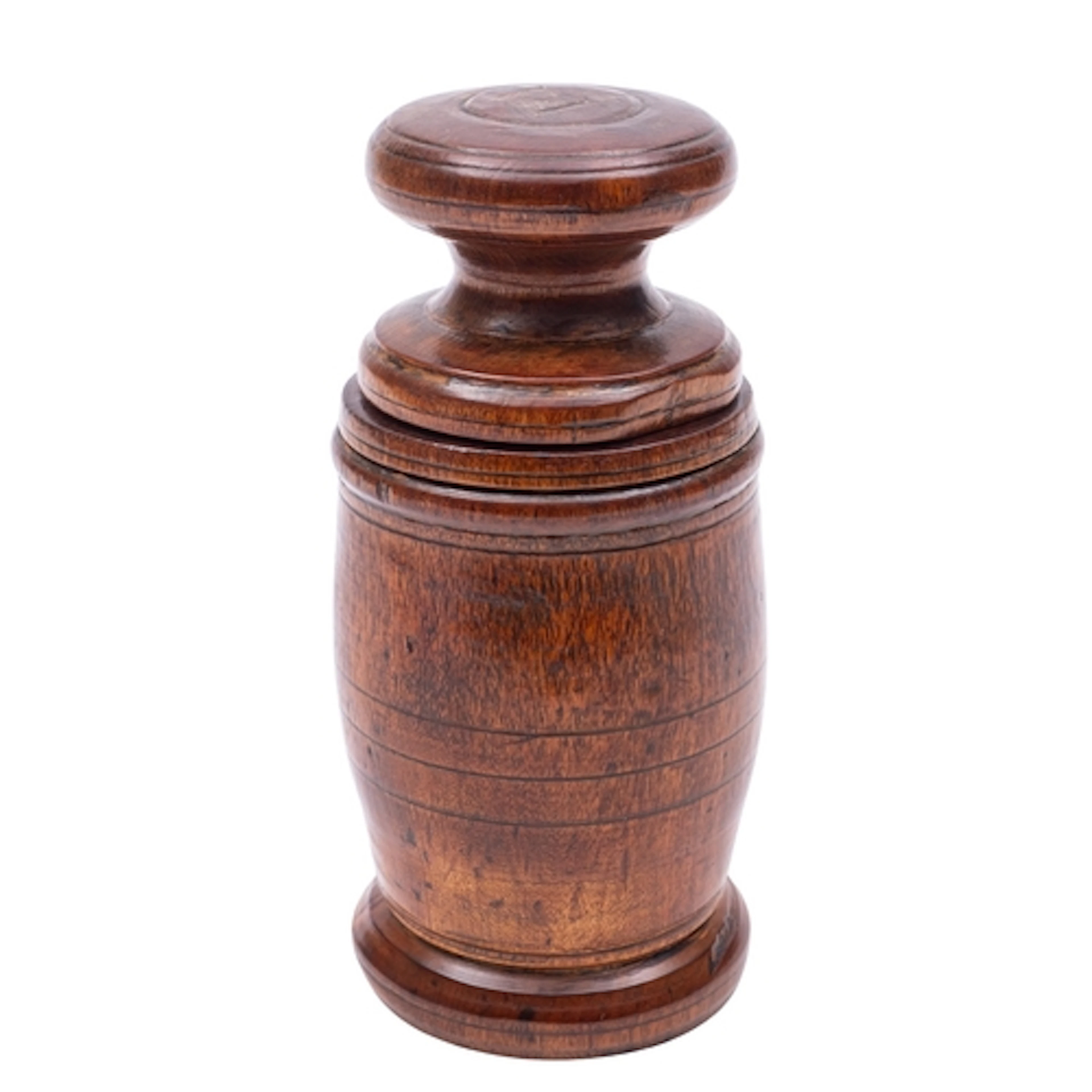 An unusual turned walnut grating mortar, 19th century; the k...