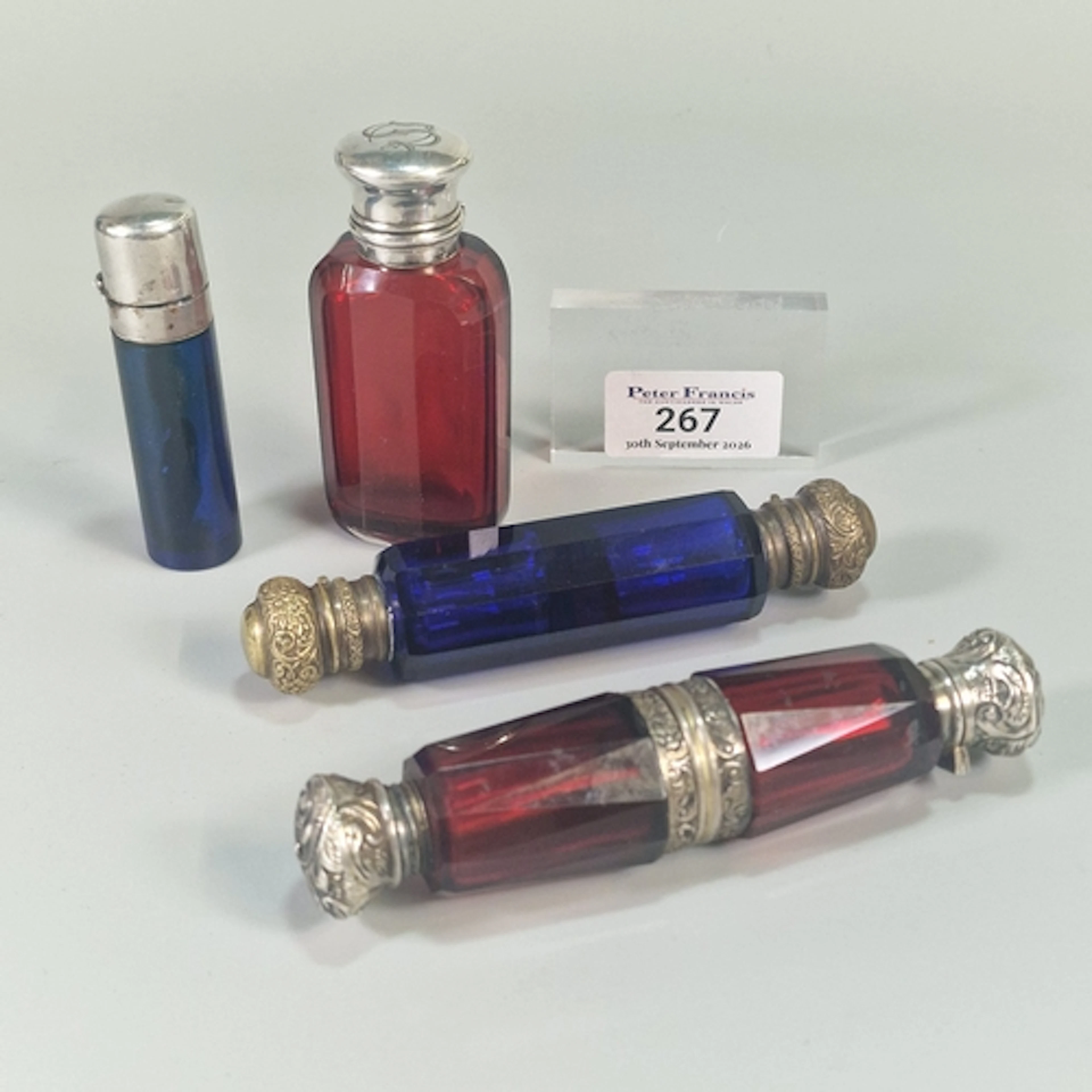 Two Victorian double ended scent bottles in cobalt blue and ...