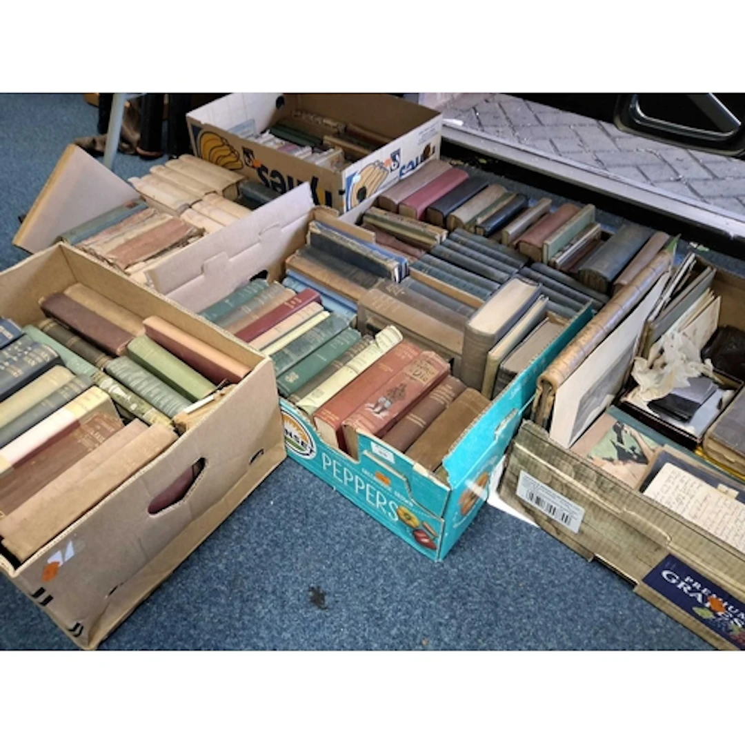 SIX BOXES OF ANTIQUARIAN BOOKS to include both fiction and n...