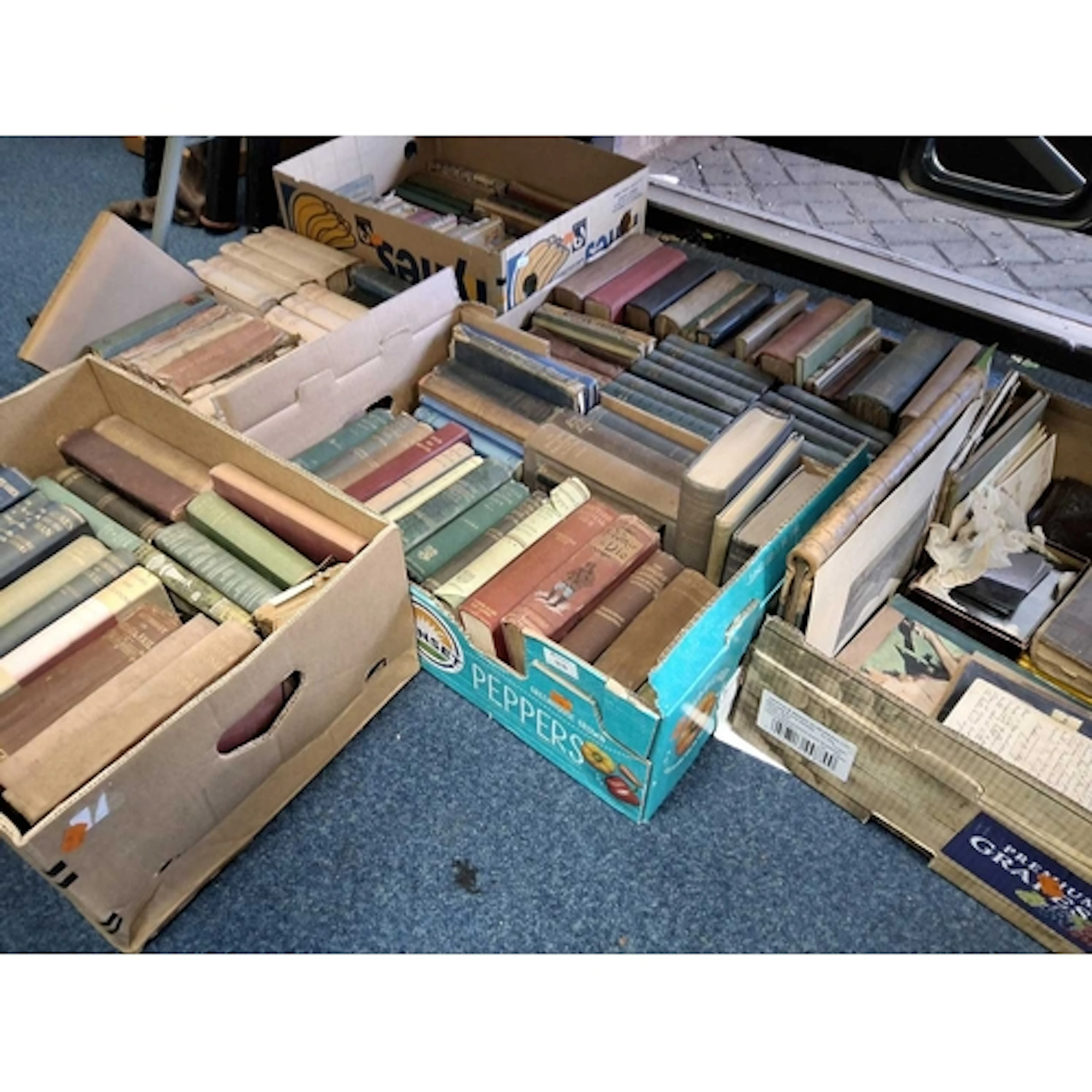 SIX BOXES OF ANTIQUARIAN BOOKS to include both fiction and n...
