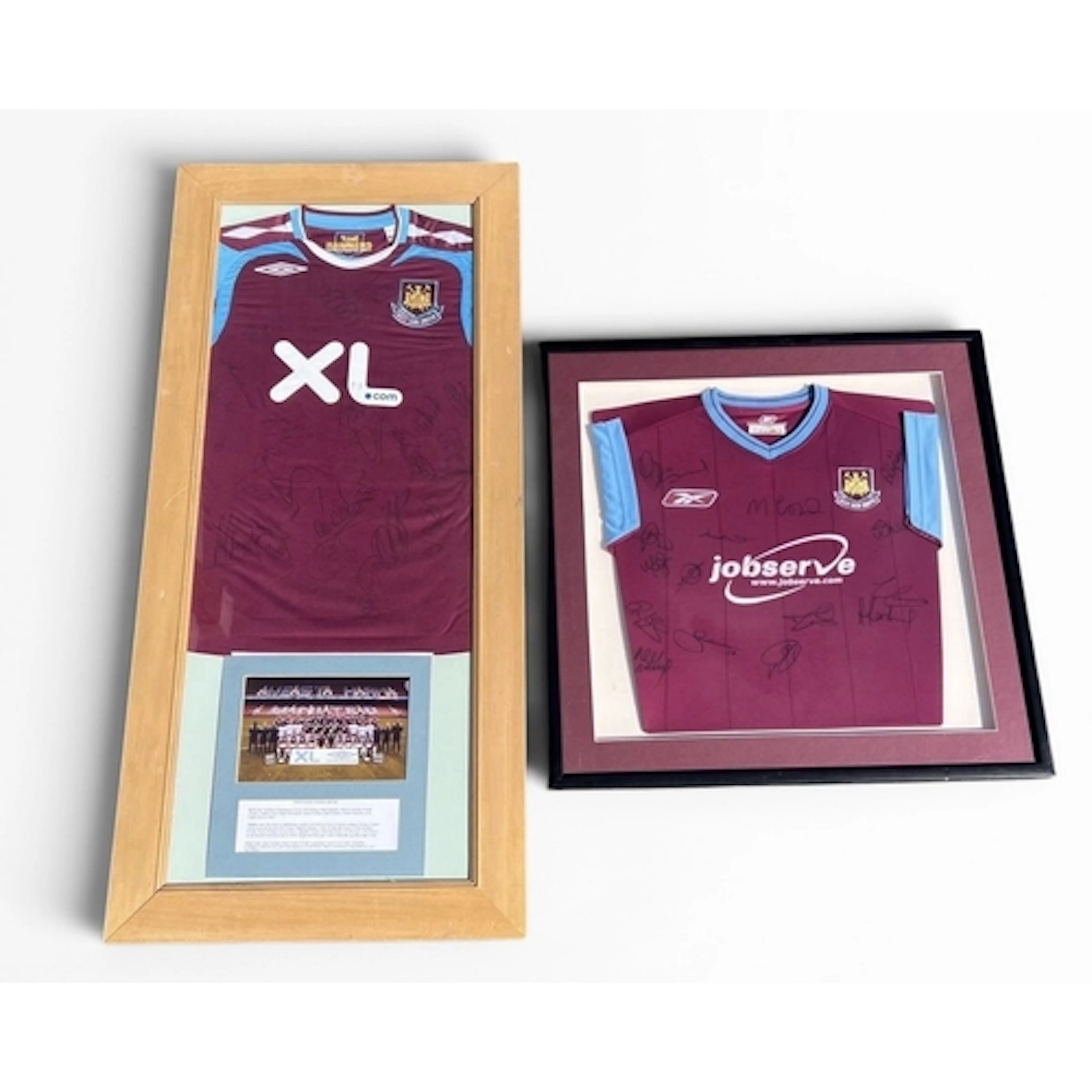 TWO SIGNED WEST HAM UNITED FOOTBALL SHIRTS Framed and glazed...