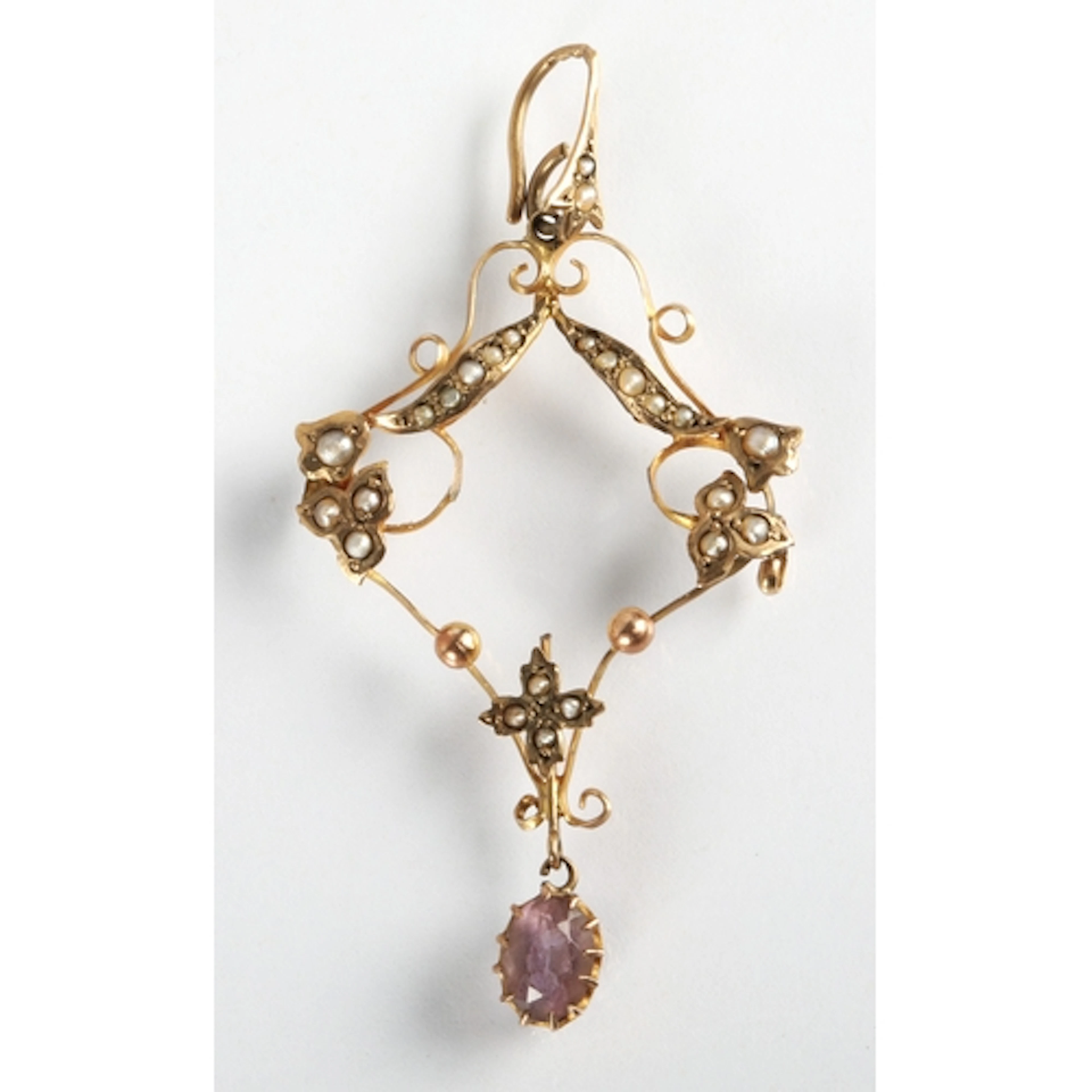 Ladies ring 9ct gold seed Peral and amethyst pendant, gross ...