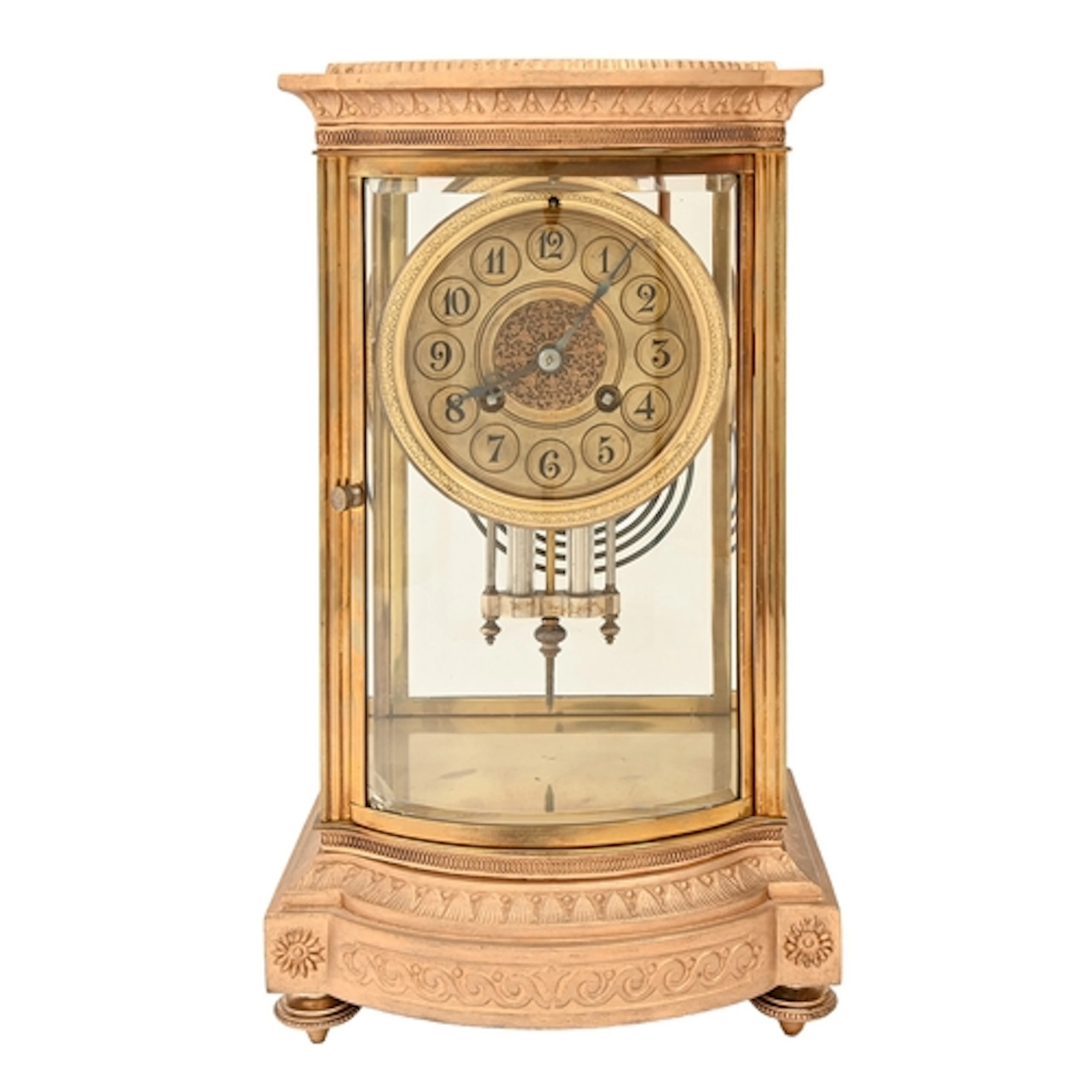 A French brass bow fronted four glass mantel clock, late 19t...