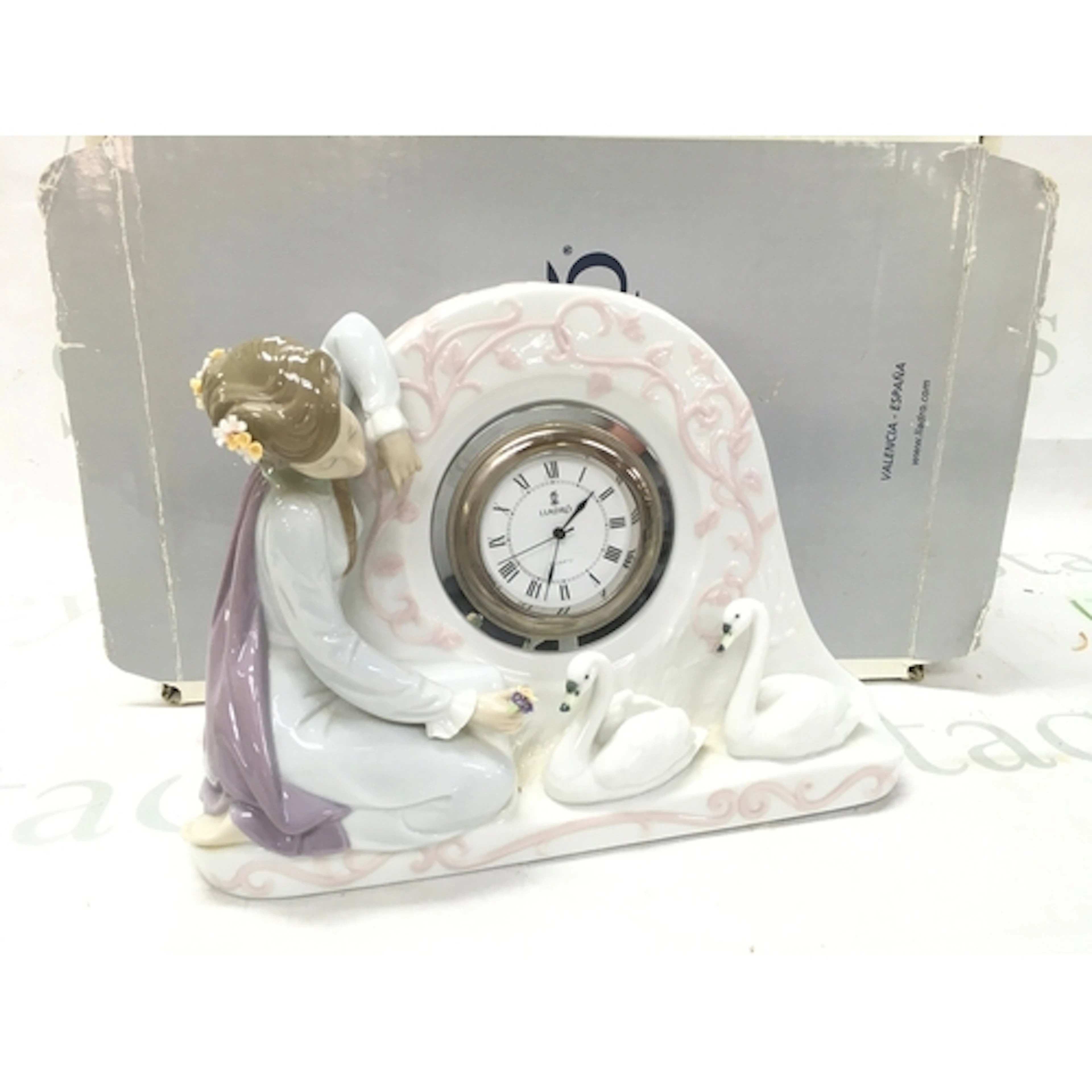 A boxed Lladro porcelain Swan Clock (item #01005777) titled ...