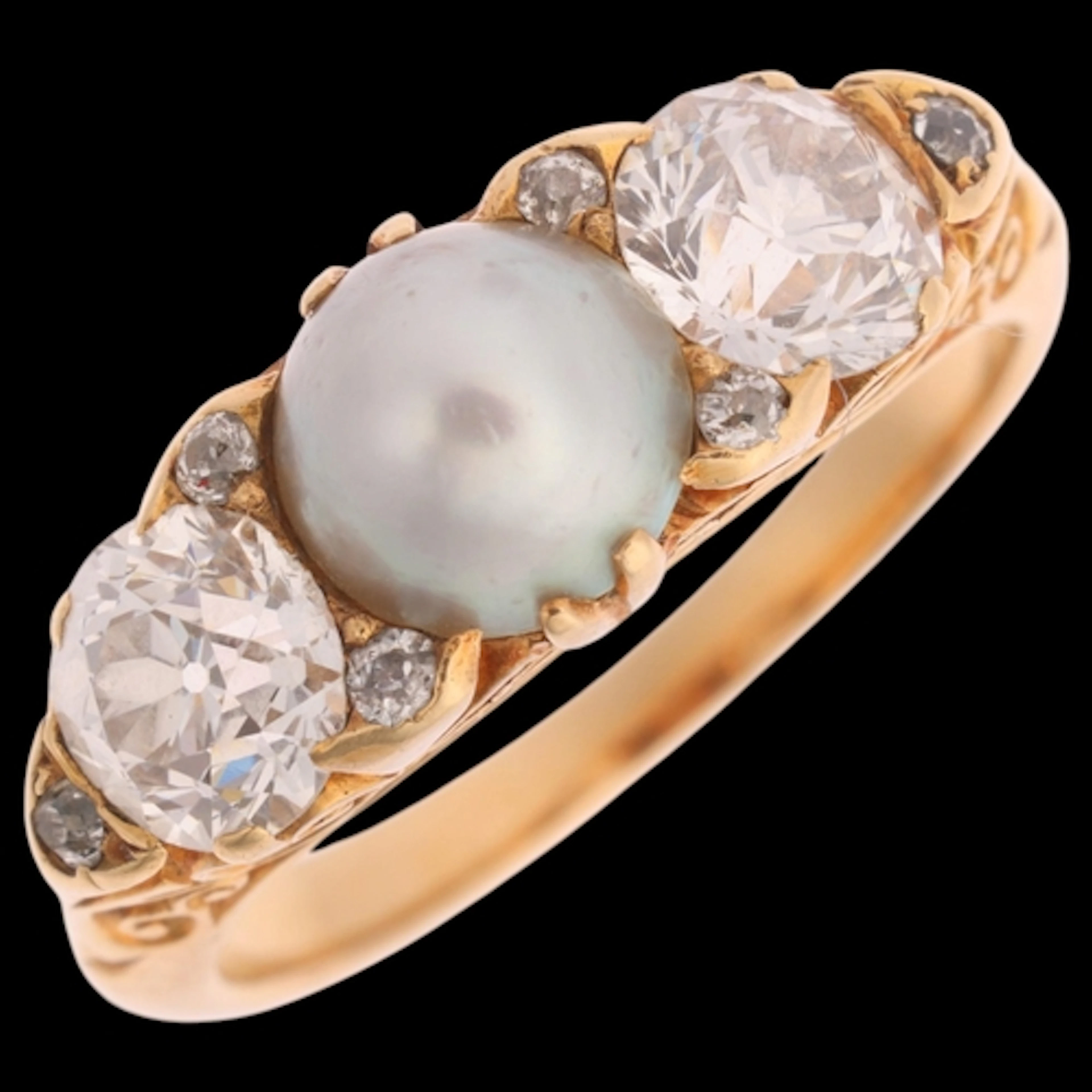 An 18ct gold pearl and diamond half hoop ring, set with 6.4m...